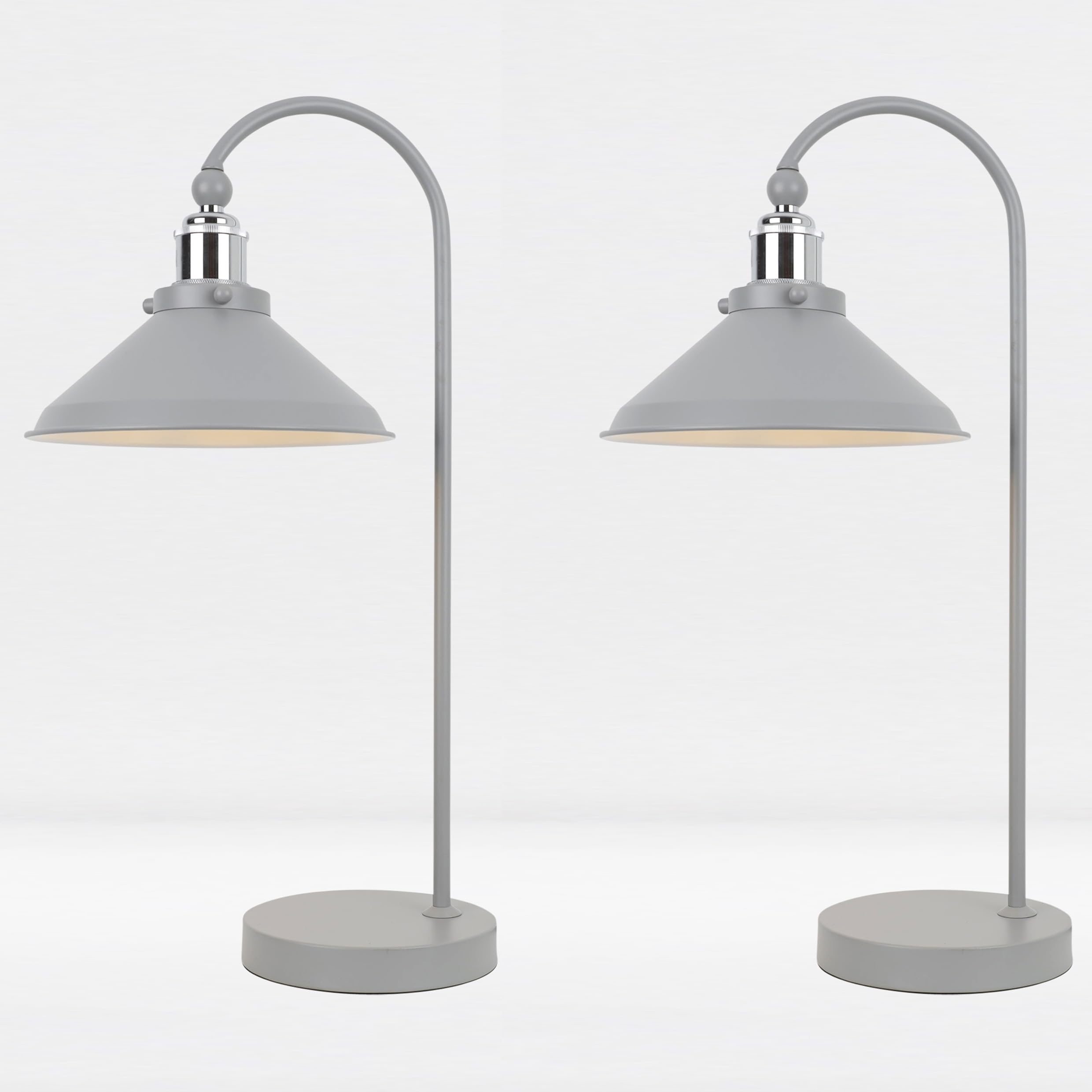 firstchoicelighting Set of 2 Grey with Chrome Detail Table Task Lamps, Bedside Lights, Industrial Retro Design, Height 53 cm, LED Compatible