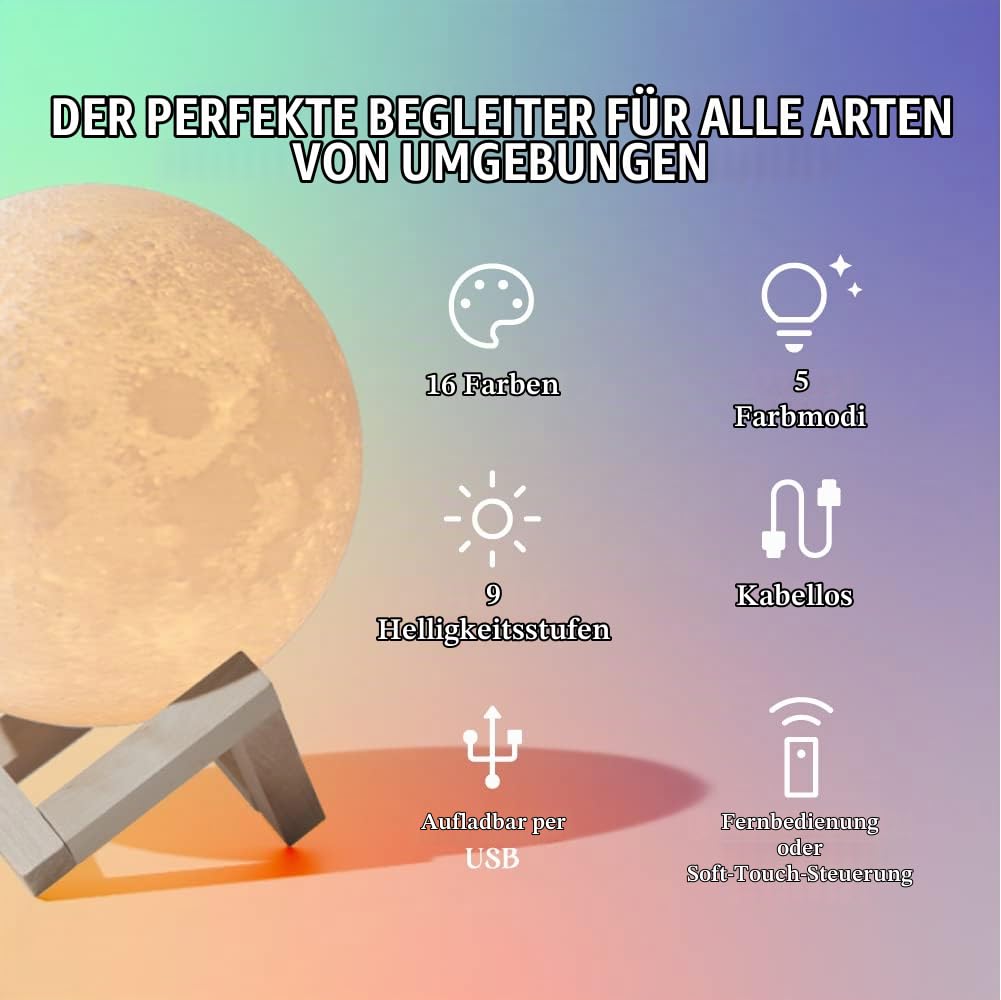 Mydethun 2025 Geschenke für Weihnachten Aktualisieren 16 Farben Mondlampe mit Holzsockel, 18cm LED 3D Mondlicht, Fernbedienung, Nachtlicht, Lampe für Kinder,Mädchen,Schlafzimmer,Heimdekoration