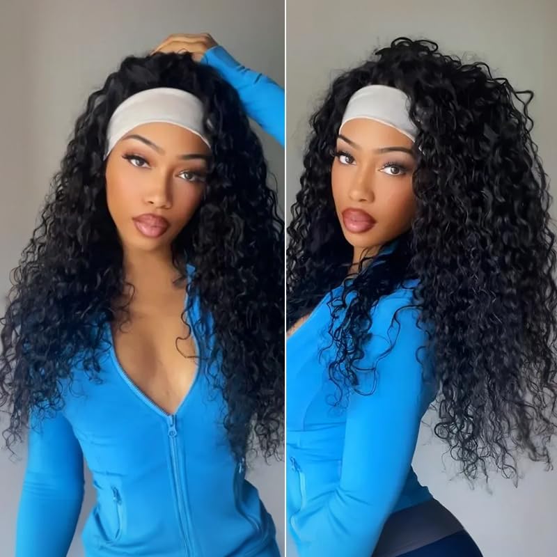 Frodio Headband Wig Curly Wig 22 Inches Veralux™ Blend Human Hair 22" Deep Wave Headband Wig Glueless Wigs Beginner Friendly Curly Elastic Band Wig