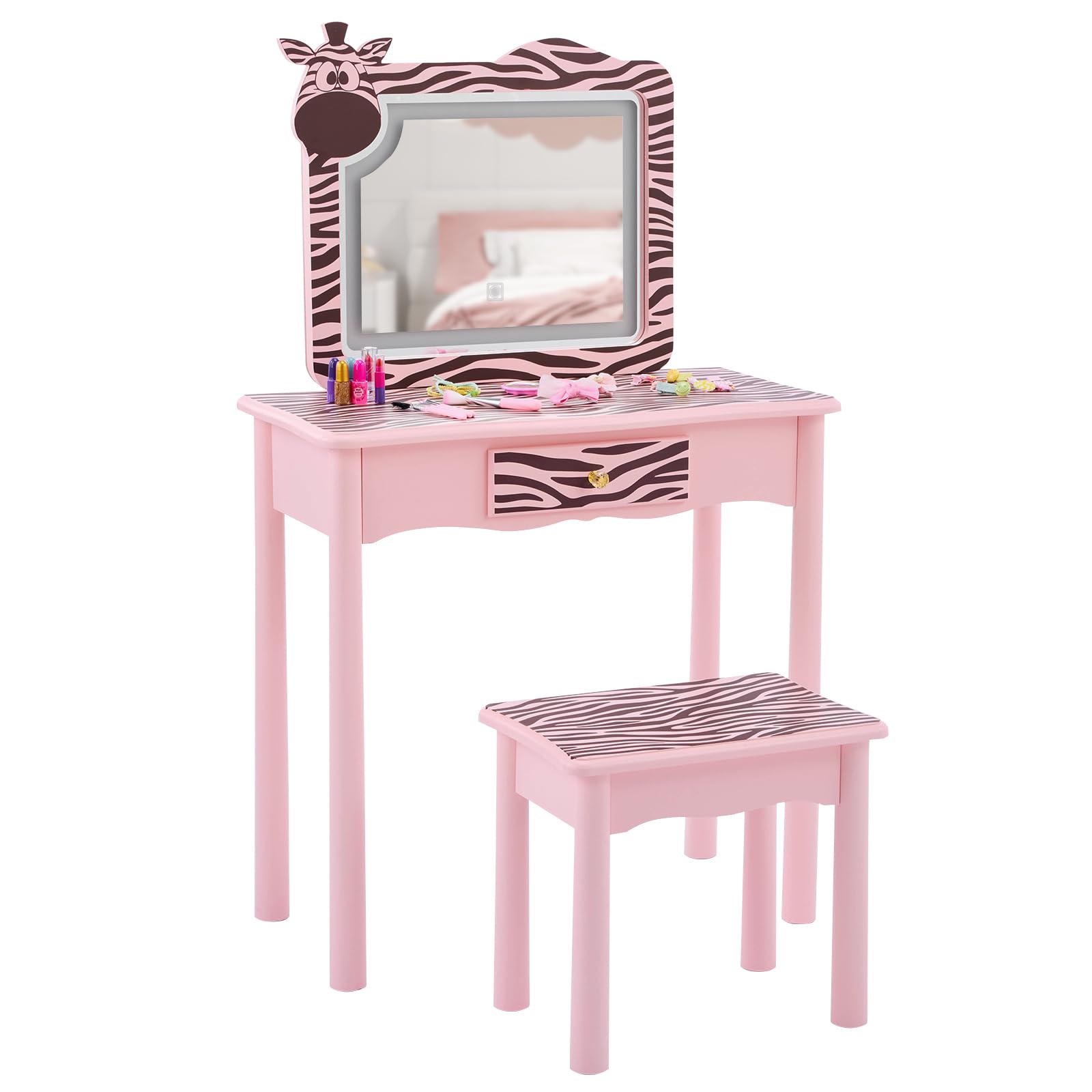 2 in 1 Study Desk and Stool Set,Wood Makeup Vanity Tables,Bedroom Dressing Table Set,Rectangular Wooden Activity Tables,with Mirror &amp; Drawer,for Small Space Living Room Study Room Playroom (Pink)
