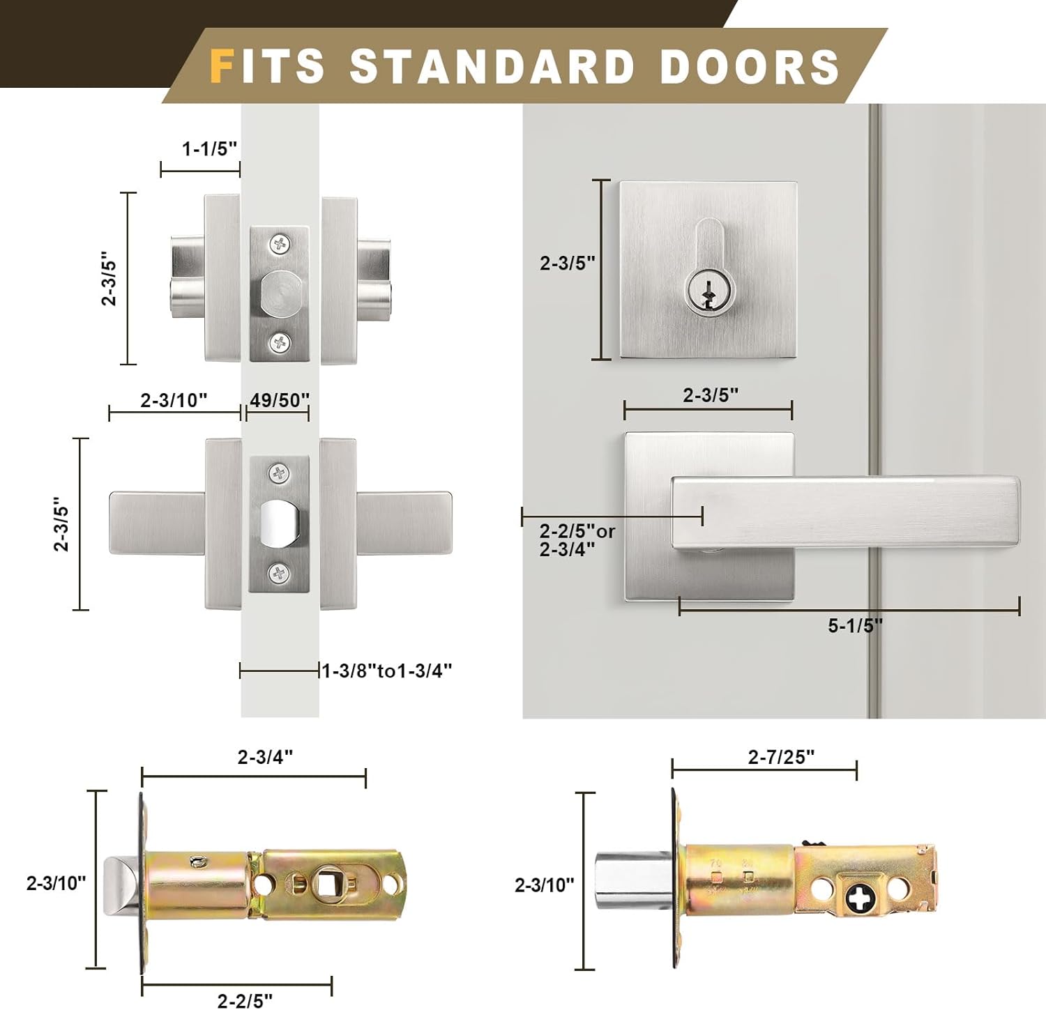 1 Pack Brushed Nickel Exterior Door Locksets Square, Heavy Duty Front Door Passage Handle and Double Cylinder Deadbolt Set, Keyed Interior/Exterior Nickel Door Handle for Bedroom