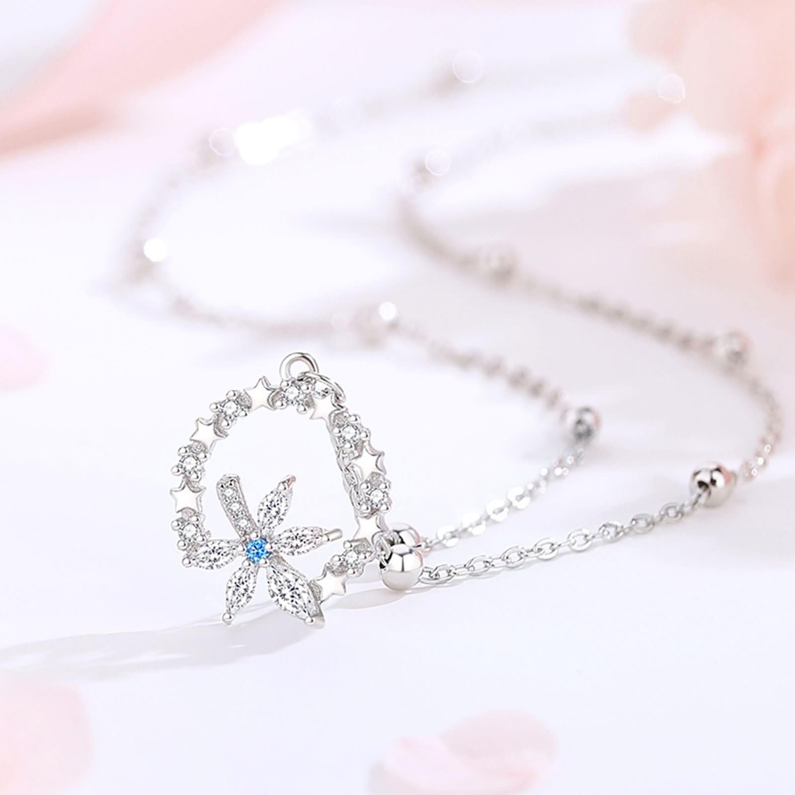 Collana Donna Oro Bianco 9 Carati / 14 Carati / 18 Carati Catena, Foglia di Acero e Stelle con Moissanite, Collane Donna Argento