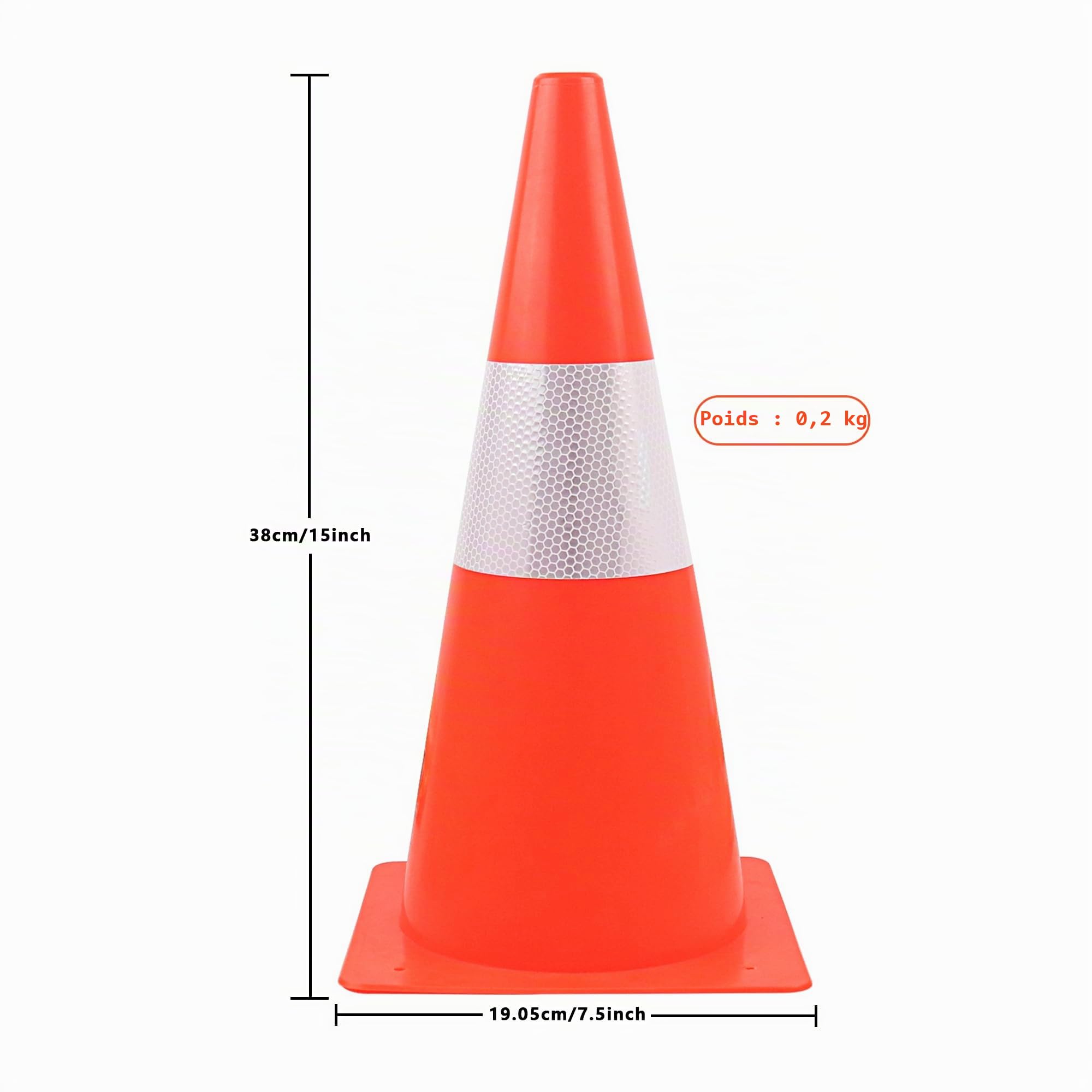38cm Cône d'avertissement - Lot de 4 cônes d'avertissement réfléchissants orange - Cône de direction/pylon pour parking, sécurité routière, chapeaux de marquage pour activités de plein air et