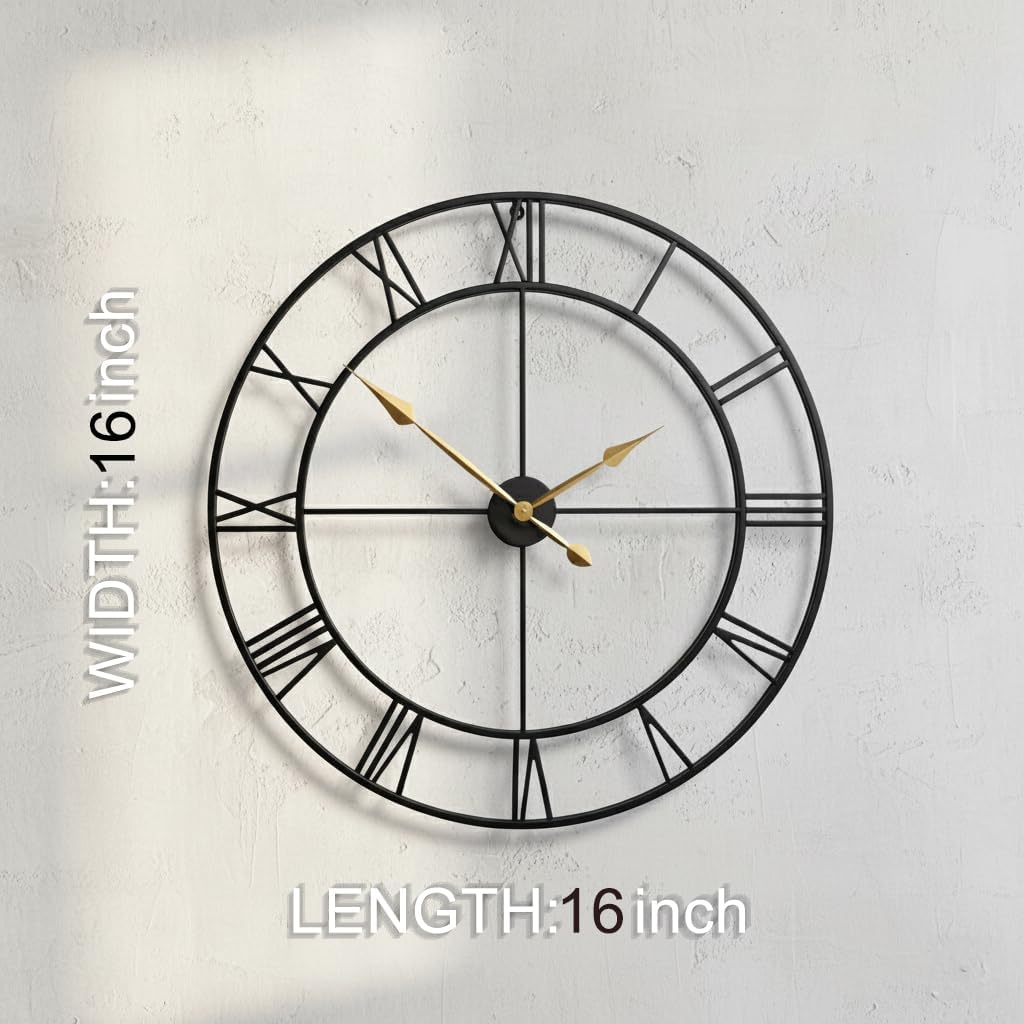 Zabiki 16 Inch Large Wall Clock Modern, Roman Vintage Farmhouse Decorative Black Metal Wall Clock for Living Room Decor, Xmas, Birthday Gift