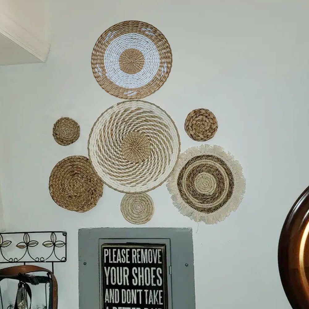 Set di 10 cestini da parete in stile boho, rotondi, rustici, intrecciati, fatti a mano, per camera da letto, soggiorno, tavolo da pranzo (10)