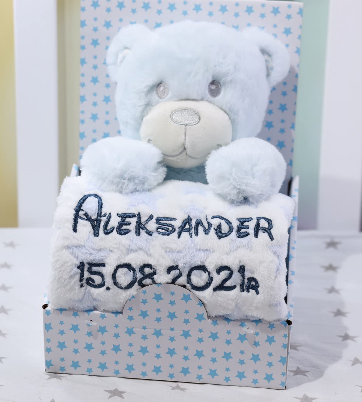 BotoBaby Maxi Geschenk-Set Babydecke mit Namen und Datum Bestickt + Plüschtier + Schmusetuch 3-Teiliges Set