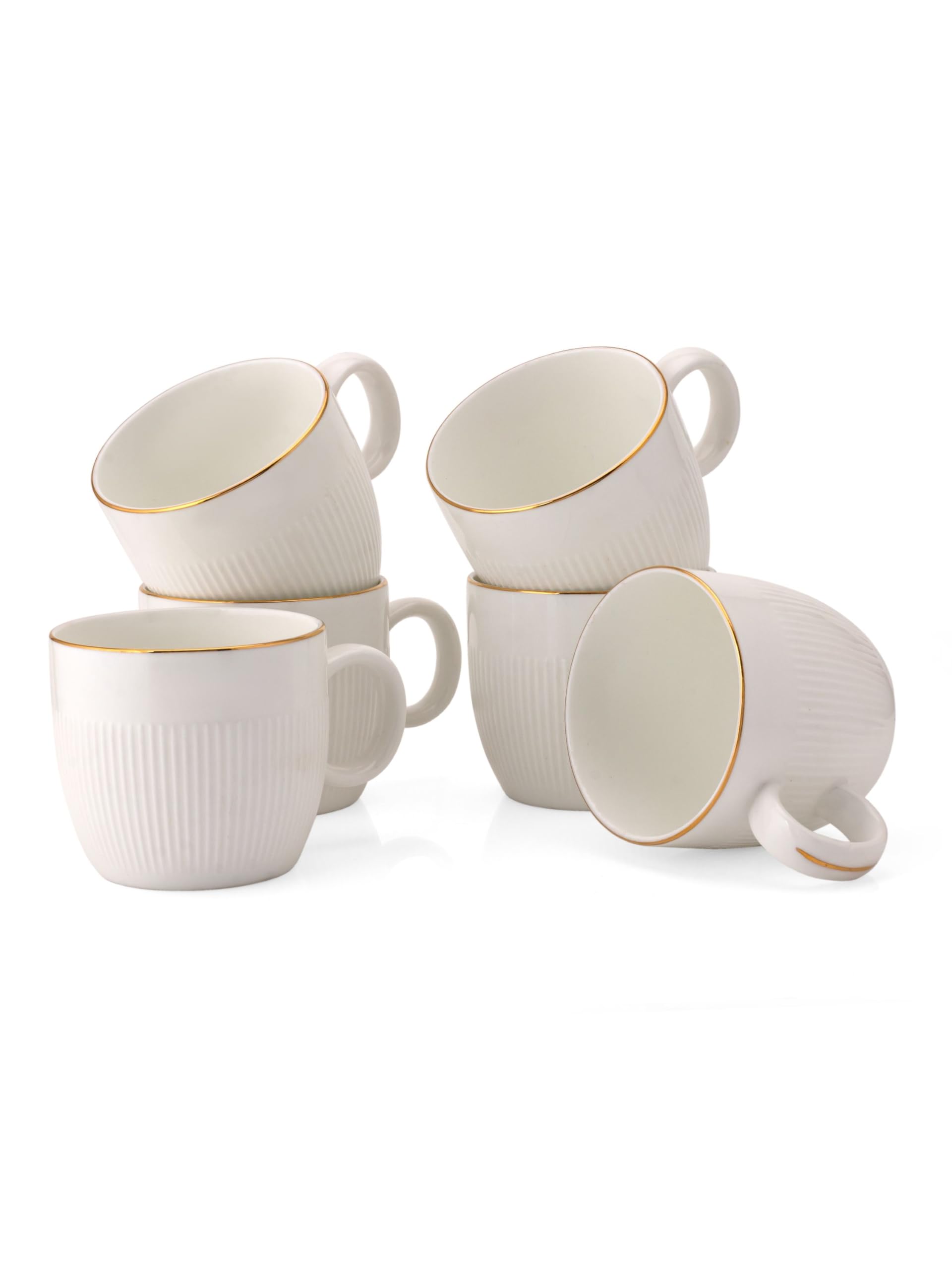 Clay Craft Impression Ceramic Gold Line Coffee Mugs/Tea Cups Set of 6 Pieces, 200ml, White (Barrel), Tea Cup Set of 6, Mugs for Coffee, Cups Set of 6, Ideal for Gifting, Perfect for Home and Office 1
