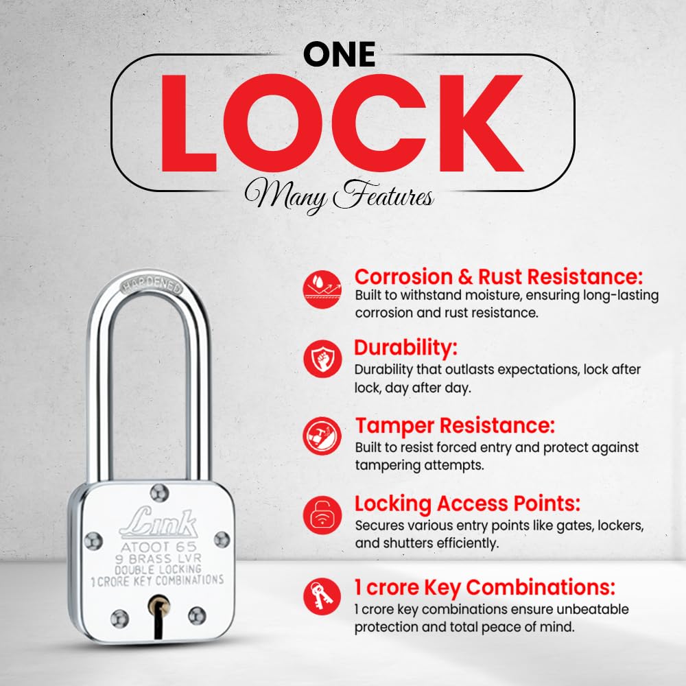 Link® Atoot 65Lsmm Long Shackle | 1 Crore Key Combinations | Steel Body | Hardened Shackle | 9 Brass Lever | Made in India | Each Padlock with 3 Silver Keys (Pack of 2) — Amazon image 2