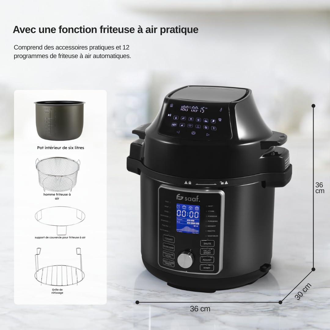 Saaf Multicuiseur avec Airfryer – Set de 15 Pièces – 24 Programmes – Slowcooker, Cuiseur à Riz, Vapeur & Cocotte-Minute – 6L – Inclus Panier, Cuve & Livre de Recettes – Écran Digital
