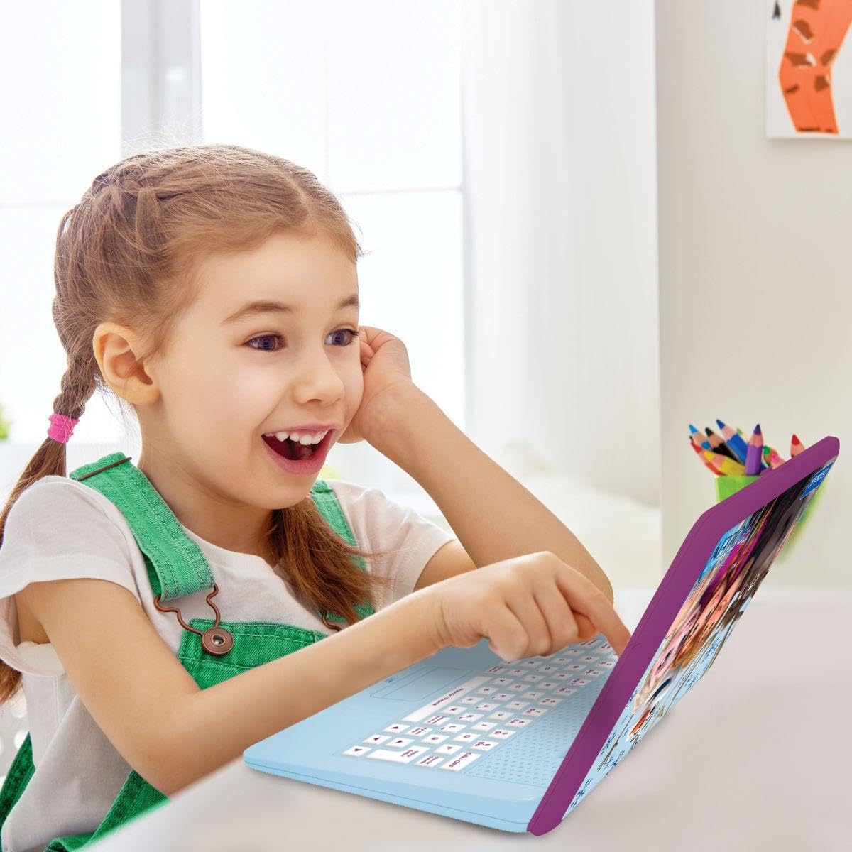 LEXIBOOK, Kraina Lodu, Komputer Dwujęzyczny i edukacyjny HISZPAŃSKI/ANGIELSKI, zabawka dla dzieci, 170 zajęć do nauki, grania w gry i muzykę, duży ekran, fioletowy/niebieski, JC599FZi2LXB