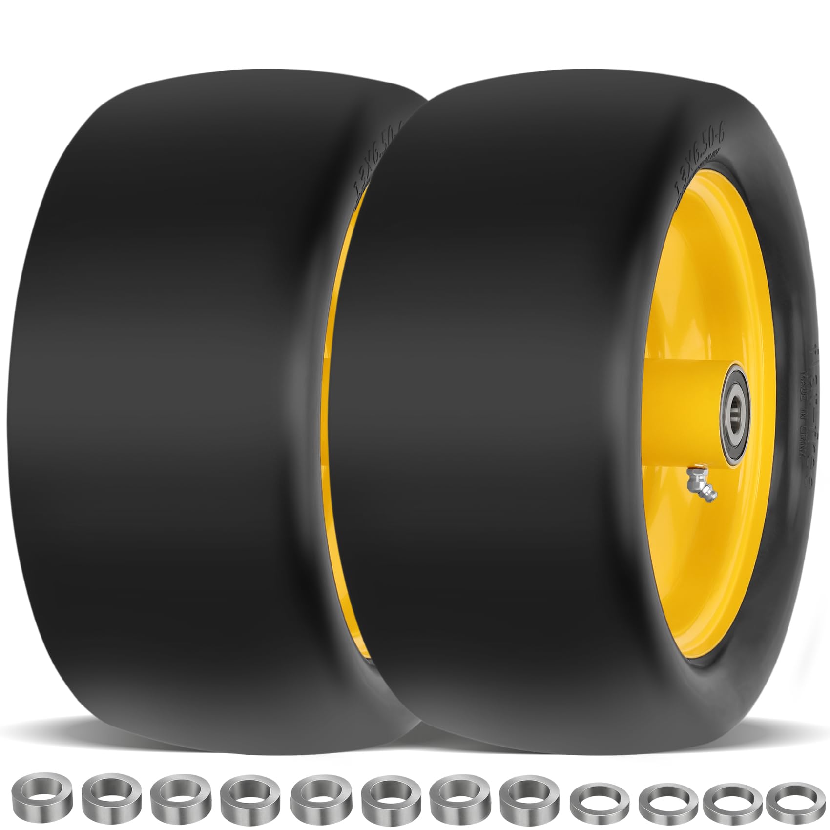 2 Pcs Upgrade 13x6.50-6 Lawn Mower Tires Flat Free with 1/2" Bearing, 13x6.50-6 Zero Turn Mower Front Tires, 13x6.5-6 Flat Free Lawn Mower Tires for Commercial Grade Lawn, 5.5"-7.5" Centered Hub