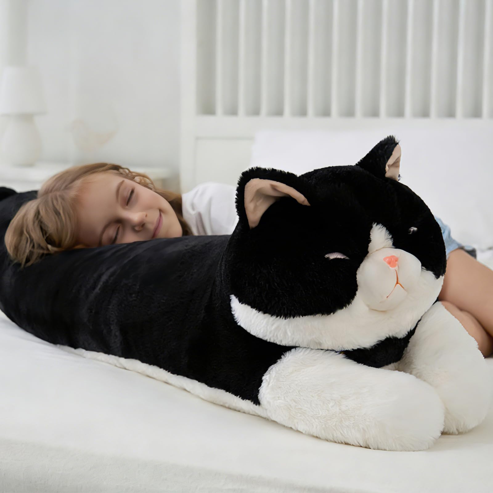 Dalmao Gato de peluche blanco y negro de 120 cm de alto, largo como cojín de abrazo/cuerpo, peluche suave para niños y adultos