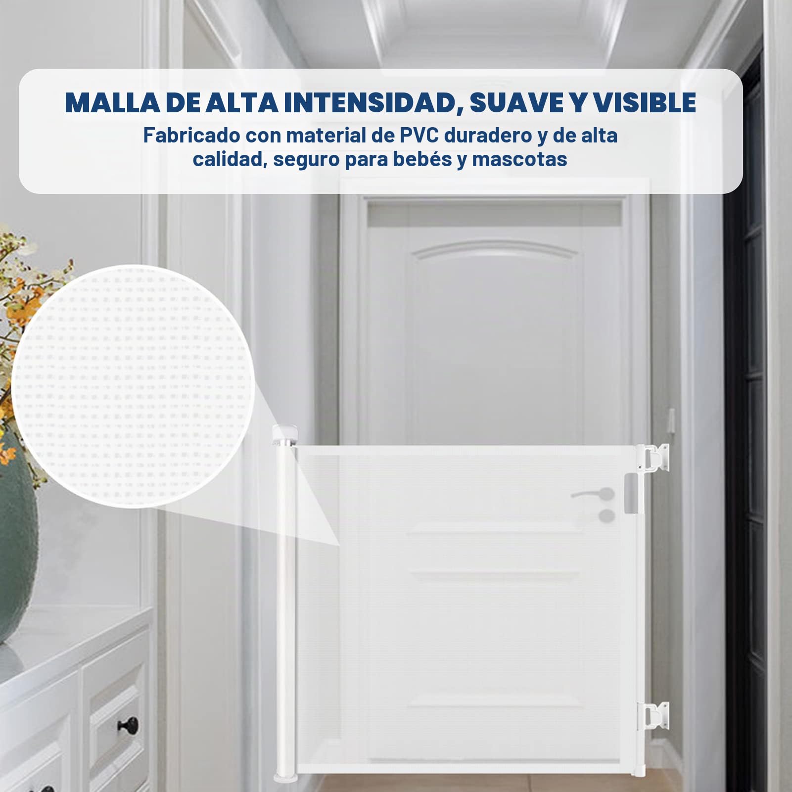 HollyHOME Barrera Seguridad Niños Escalera, 180 cm, Extra Ancha, Operación con Una Sola Mano, Puerta Seguridad Extensibles Bebés o Mascotas para Escaleras, Pasillos, Interiores y Exteriores, Blanco