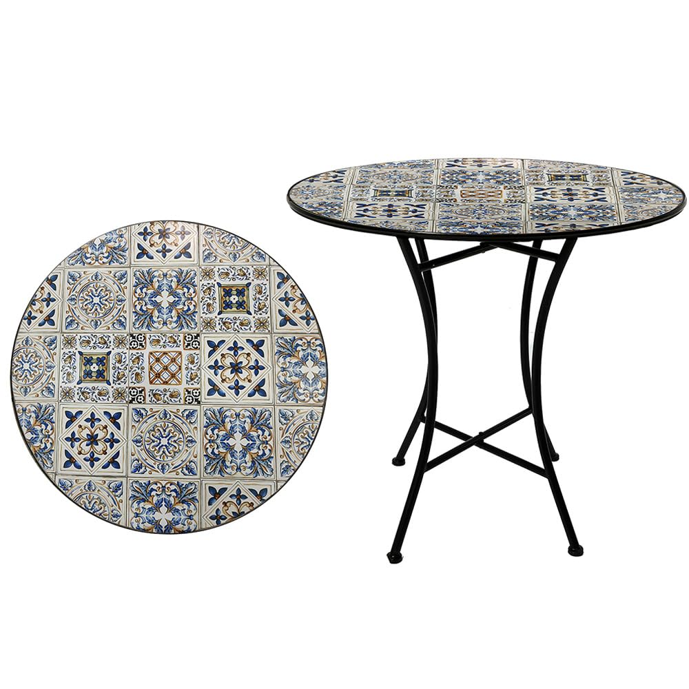 Tavolo rotondo in ferro battuto con piano in ceramica decorazione mosaico diametro 90 cm per giardino o interno stabile per esterni terrazza balcone