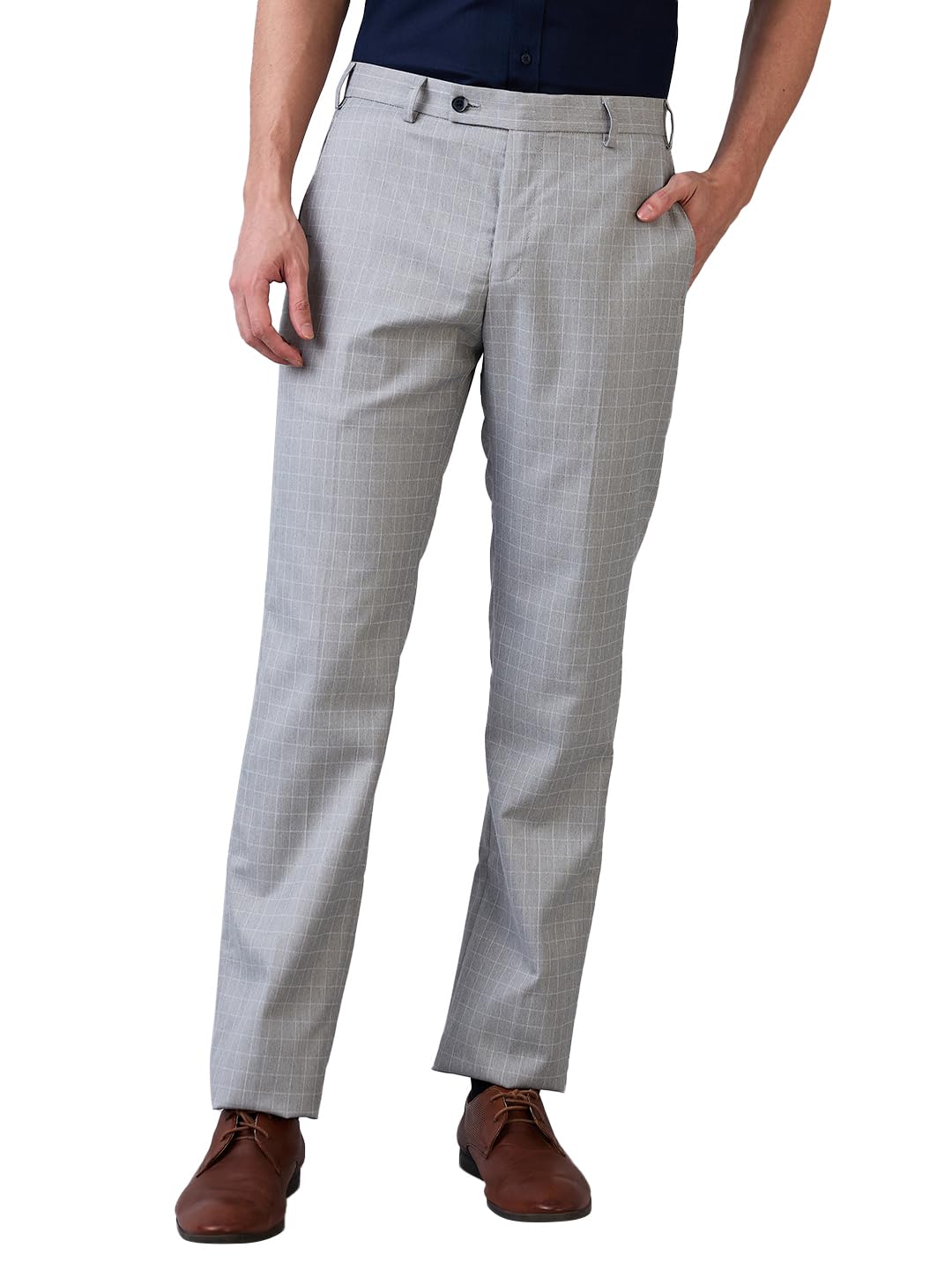 park avenue Men Regular Fit Checks Pattern Polyester Blend Flat Front Formal Trouser Grey-picture-54
