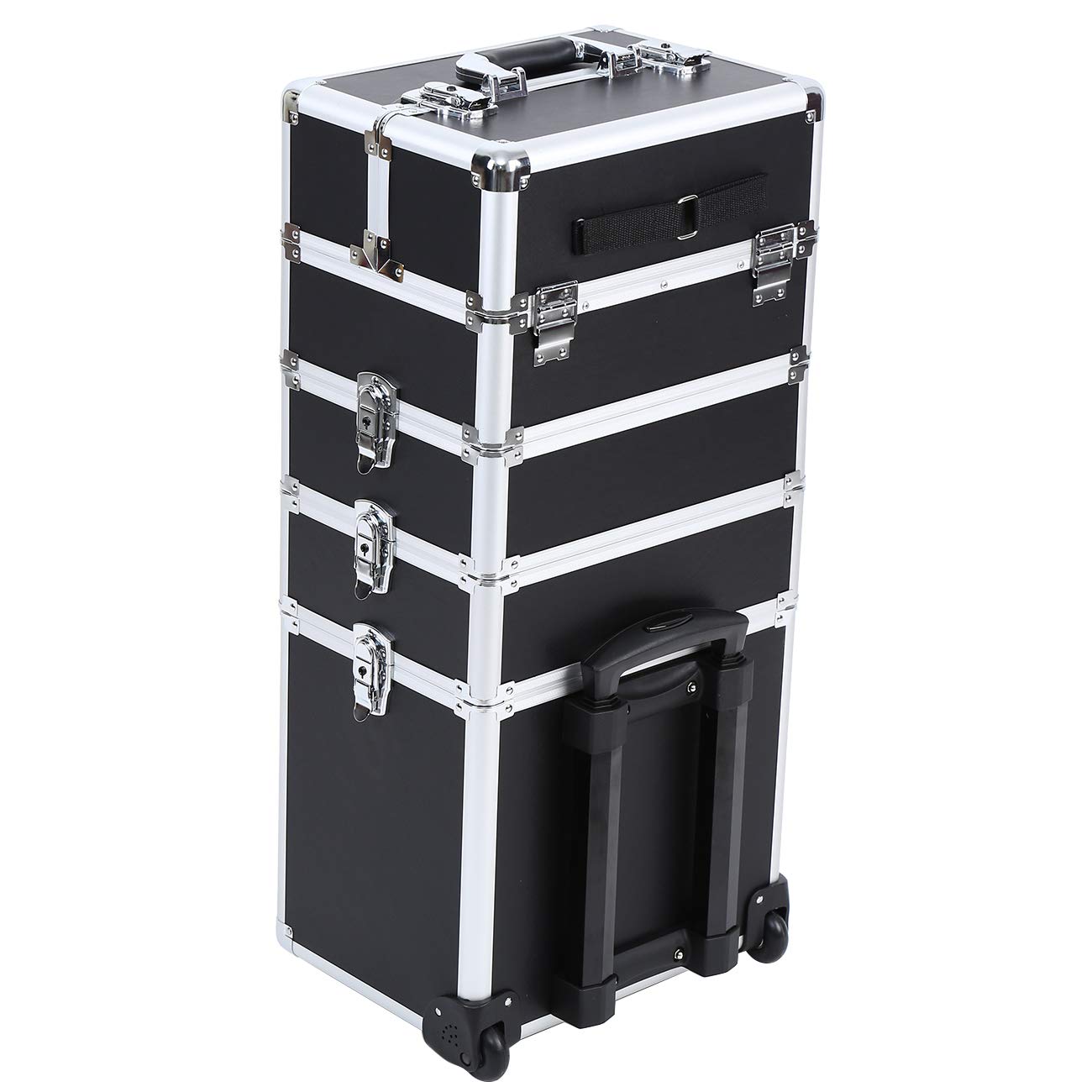 Rolling Makeup Train Case Large Storage Cosmetic Trolley, Rolling Train Organizer 4 in 1 Large Capacity Trolley Makeup Travel Case with Wheels Salon Barber Case Traveling Cart Trunk 34 x 25 x 73cm