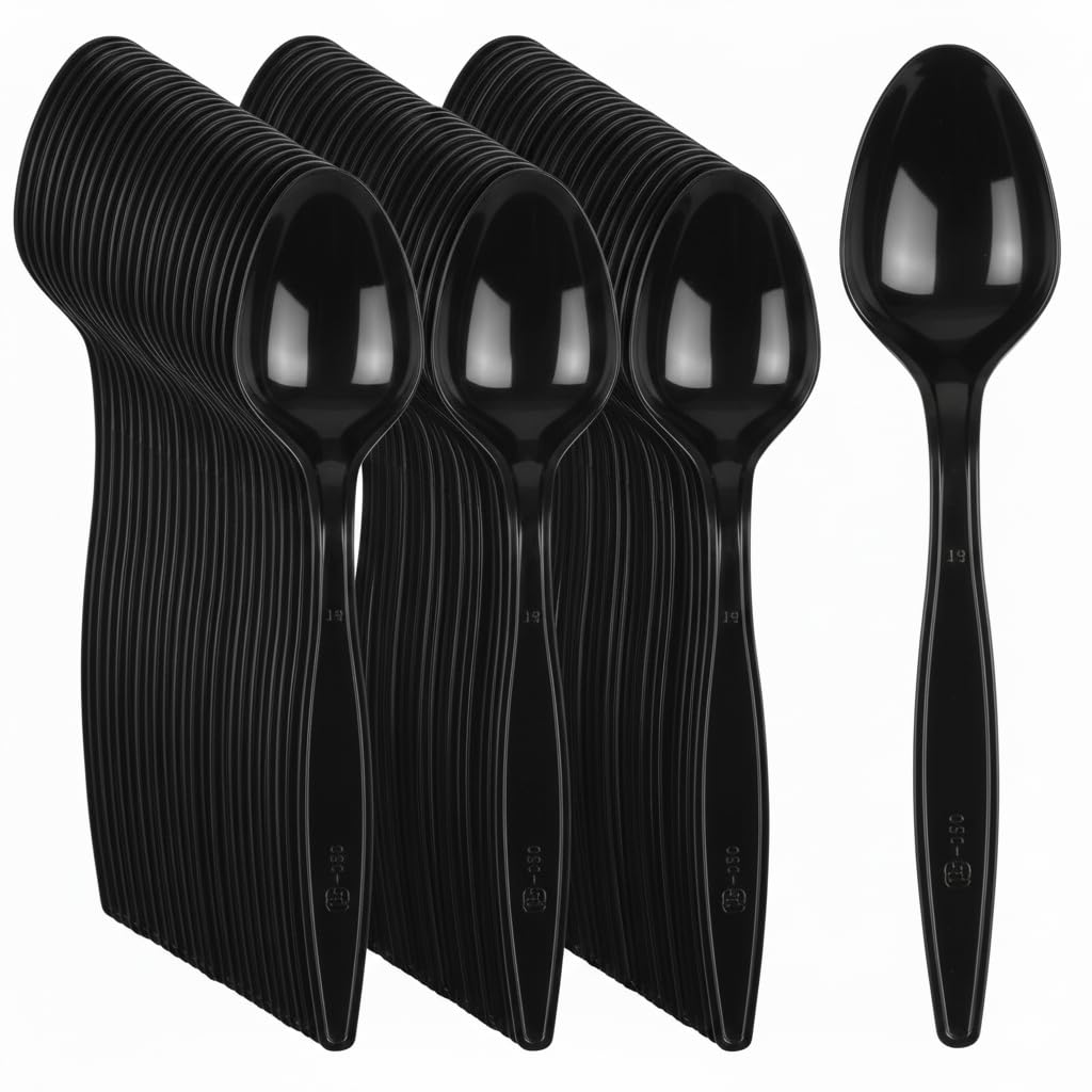 Tezraftaar® 100 x Tithe Heavy Duty Plastic Spoons Reusable Black Cutlery Set BPA Free Durable Catering Wedding Kids Parties Picnic Traveling — image 1