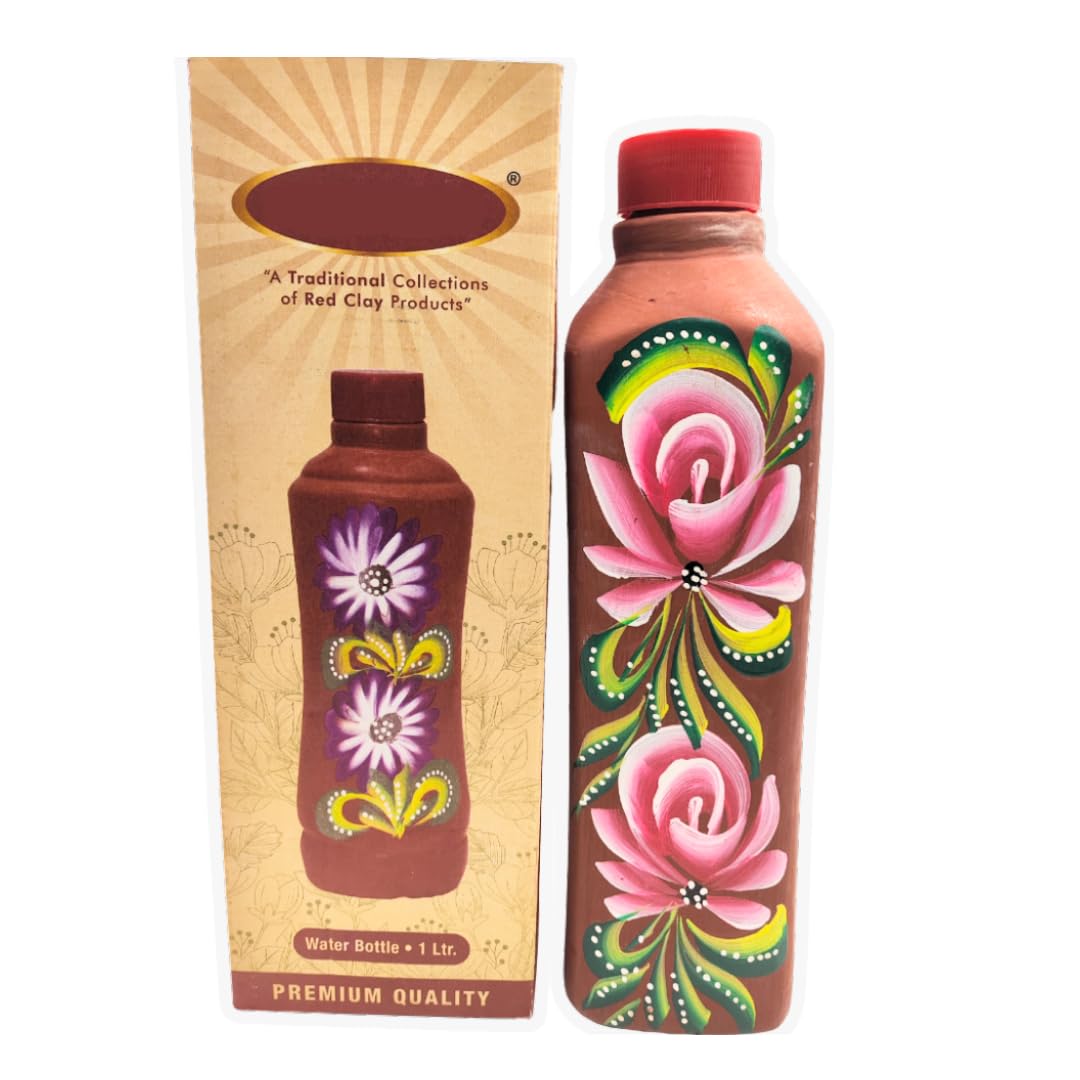 Botella de agua de arcilla roja con tapa, terracota hecha a mano, a prueba de fugas y naturalmente refrescante, botella ecológica con estampado de flores para agua potable (1000 ml