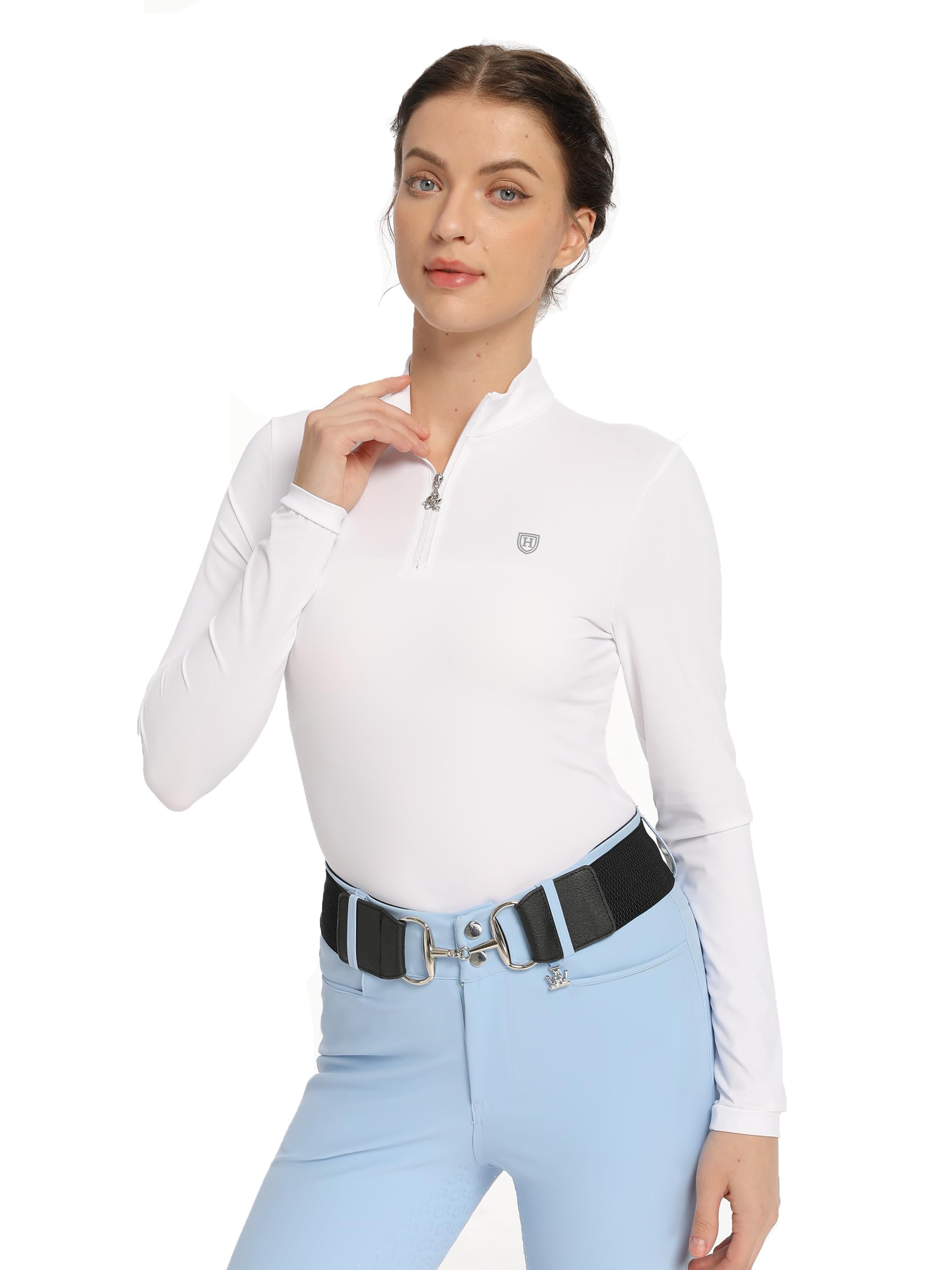 Harrison Howard Maglia a maniche lunghe da donna per equitazione, assorbimento del sudore, asciugatura rapida, con cerniera a 1/4
