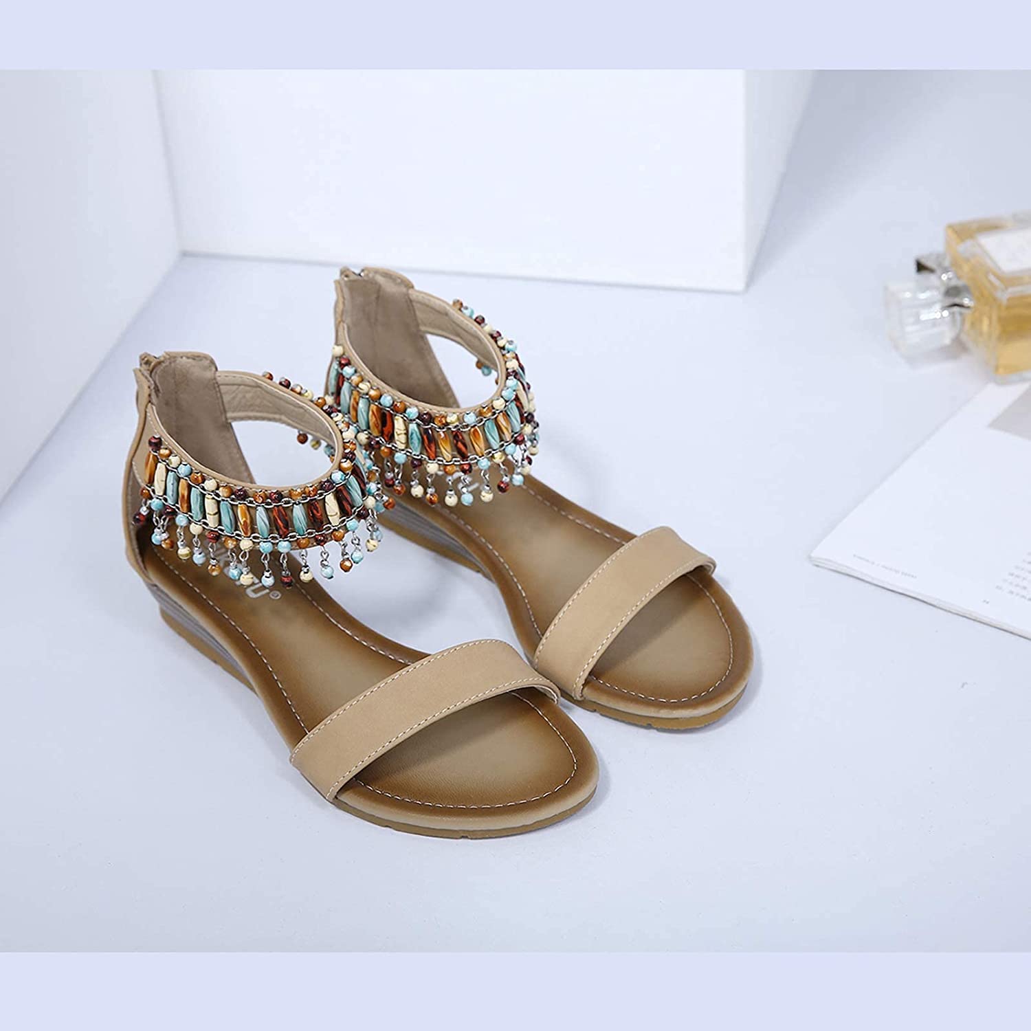 Sandalias Bohemias con Cremallera para Mujer, Chanclas de Playa de Verano, Zapatillas con Punta Abierta, Zapatos con Cremallera Plana Romana, Plataforma, Punta Abierta, Sandalias de tacón con