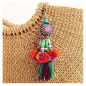 Hongtai 1 stuk bloem charme sleutelhanger, houten kralen en pompom sleutelhanger kleurrijke Boheemse stijl (Color : 1)