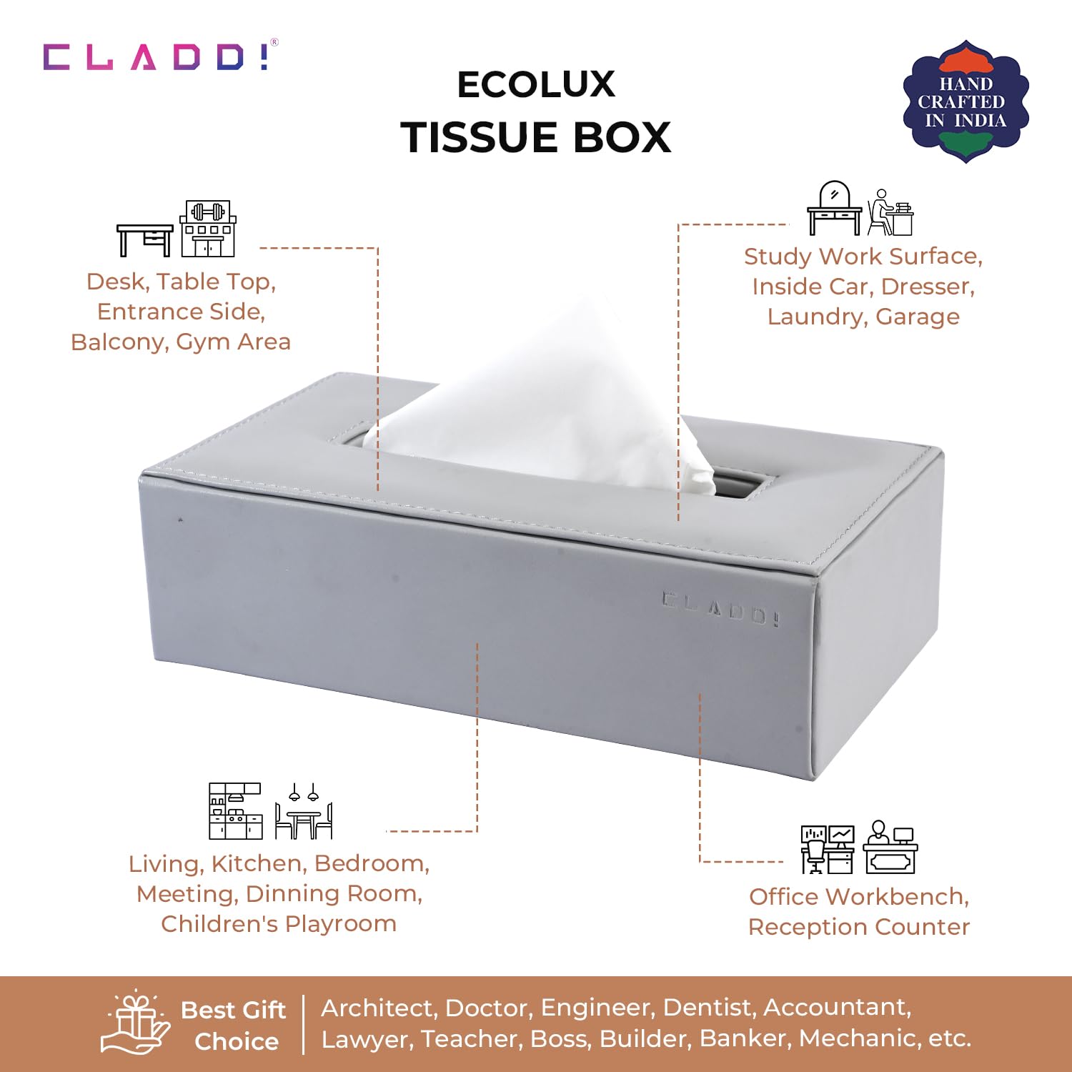 CLADD INTERNATIONAL Vegan Leather Handcrafted Rectangular Tissue Paper Box Cover | Regular Facial Napkin Holder | Organizer Case | Office Desk Gift Home Table Decor Car Hotel & Restaurant | Grey 1