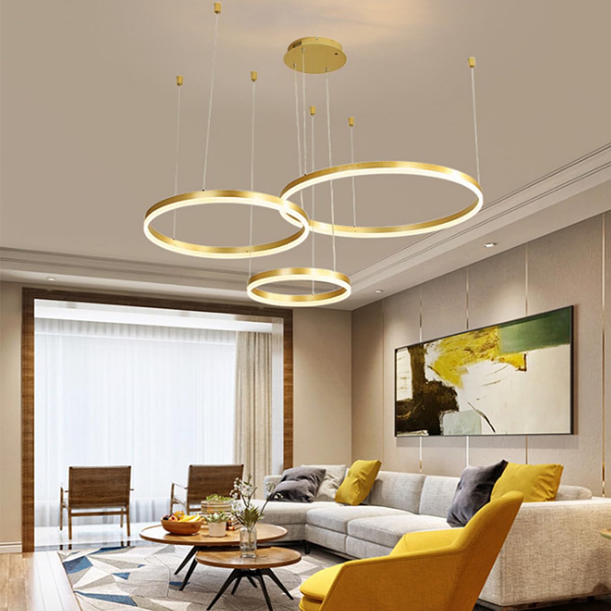 LED Ring Pendant Lights Modern Dimmable Living Room Lamp Aluminum Chandelier with Remote Control Bedroom lndoor Lighting Salon Dining Room Ceiling Light Metal Acrylic Hanging Lamp,Gold,40+60+80