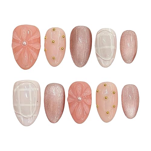 Tesytto Nude Pink Press on Nails Short Almond Cat Eye