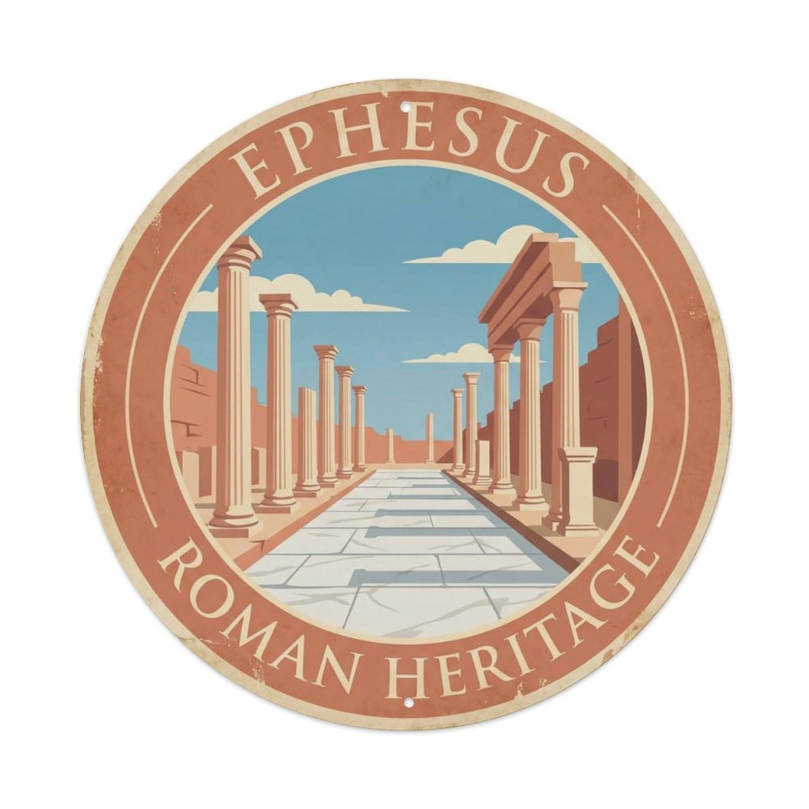 Vintage Travel Ephesus Ruins Turkey Metal Tin Sign Plaque Wall Decor for Cafe, Club Bar, Office, Home Garden Round Metal Poster 8x8Inch