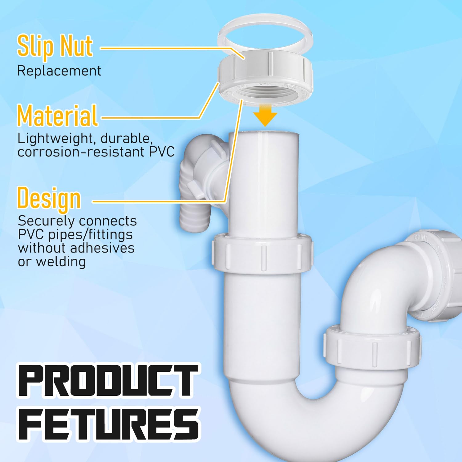 1 1/4-inch 5 Pcs Wing Nut Slip Joint and Washer Gasket PVC White Plumbing Adapter for Tubular Drain Applications Under Sink Lavatory Kitchen Sink Tubular