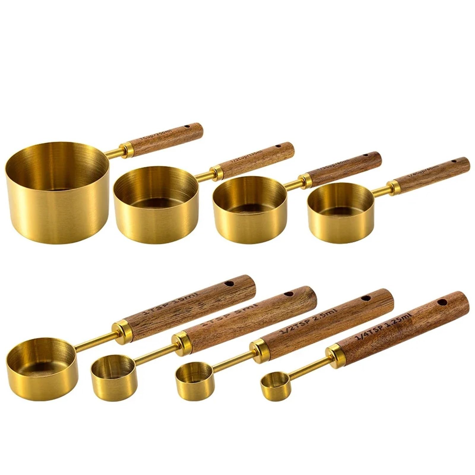 8 Stück Messbecher Löffel aus Edelstahl | Goldfarbener Holzgriff, Backutensilien, Kaffee-Barkeeper-Skala, Küchenzubehör-Set