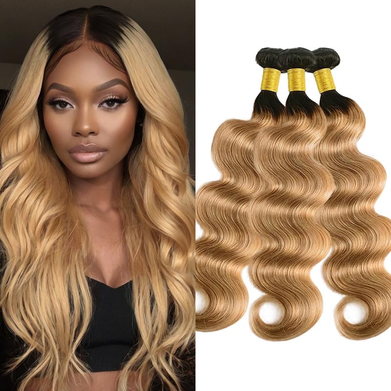 Ombre Blonde Bundles Human Hiar 12 14 16 inch Body wave Hair Weave for Black Women Brazilian Virgin Hair 12A Quick Weave 3 Bundles Double Weft（Black Ombre Honey Blonde，#T1B/27)