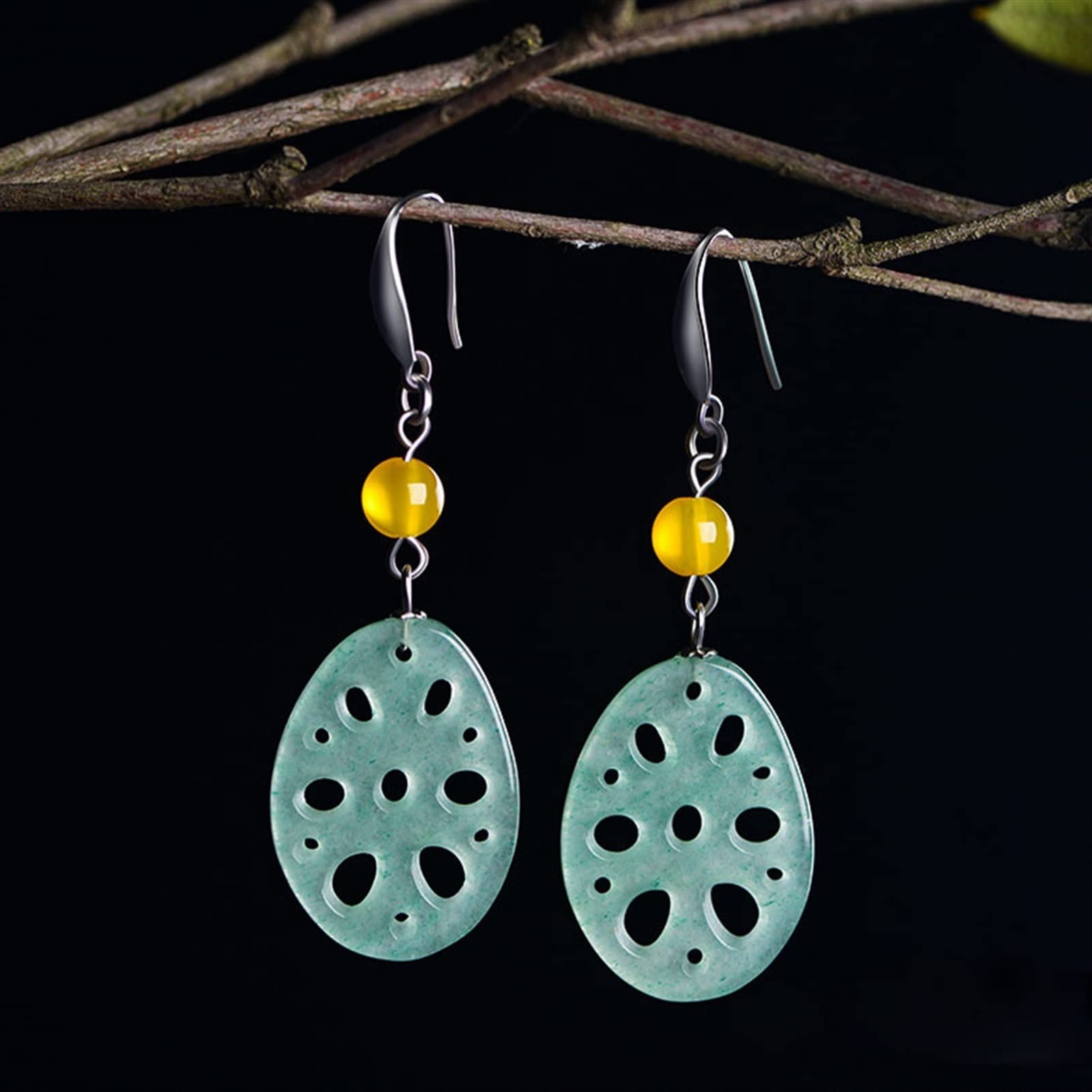zlw-shop Earrings for Women أقراط السيدات 925 الفضة الطبيعية اليشم لوتس شكل جذر شكل قلادة أقراط أنيقة أقراط حزب الفاخرة Fashion Earrings (Gem type : Tung Ling Jade)