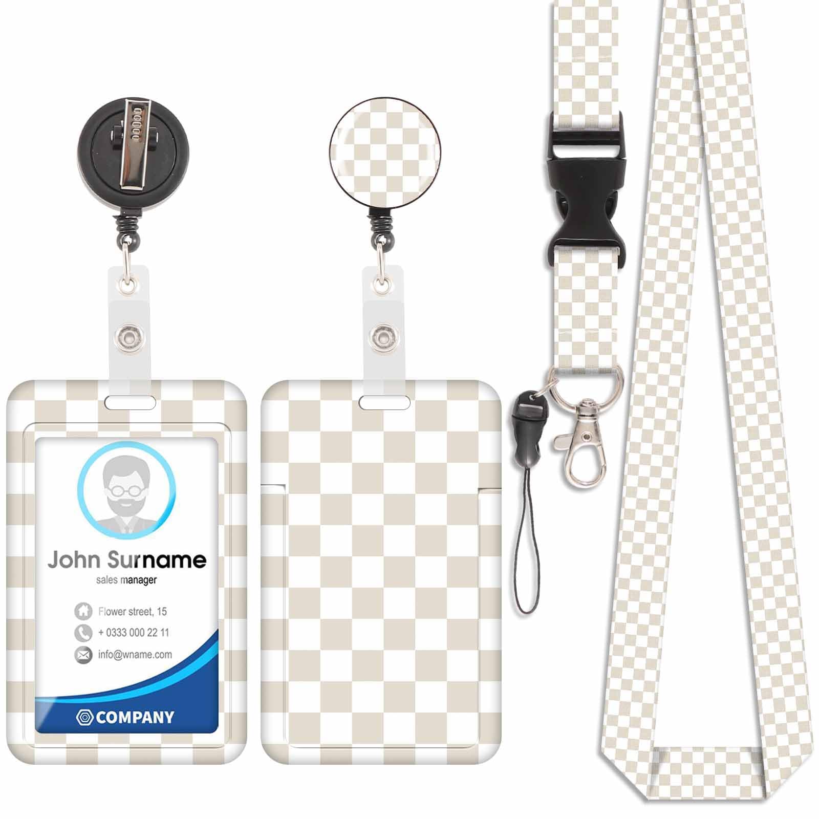 Badge Holder with Lanyard, ID Badge Holders with Detachable Cute Lanyard, Retractable Badge Reel Carabiner Clip, Personalized Card Cover Case Protector for Nurse Teacher Student (Plaid-Brown-2)