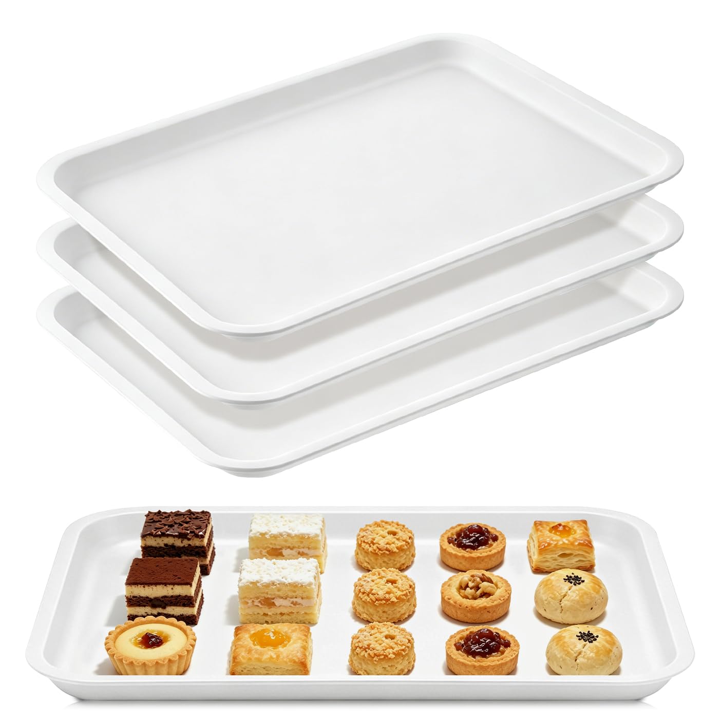 Plastic Serving Tray, 4 Pack White Serving Platters for Party Food, 31x23cm Large Reusable Stackable Serving Plates for Snacks, Cookies, Sandwich, Tea, Drink, Rectangular