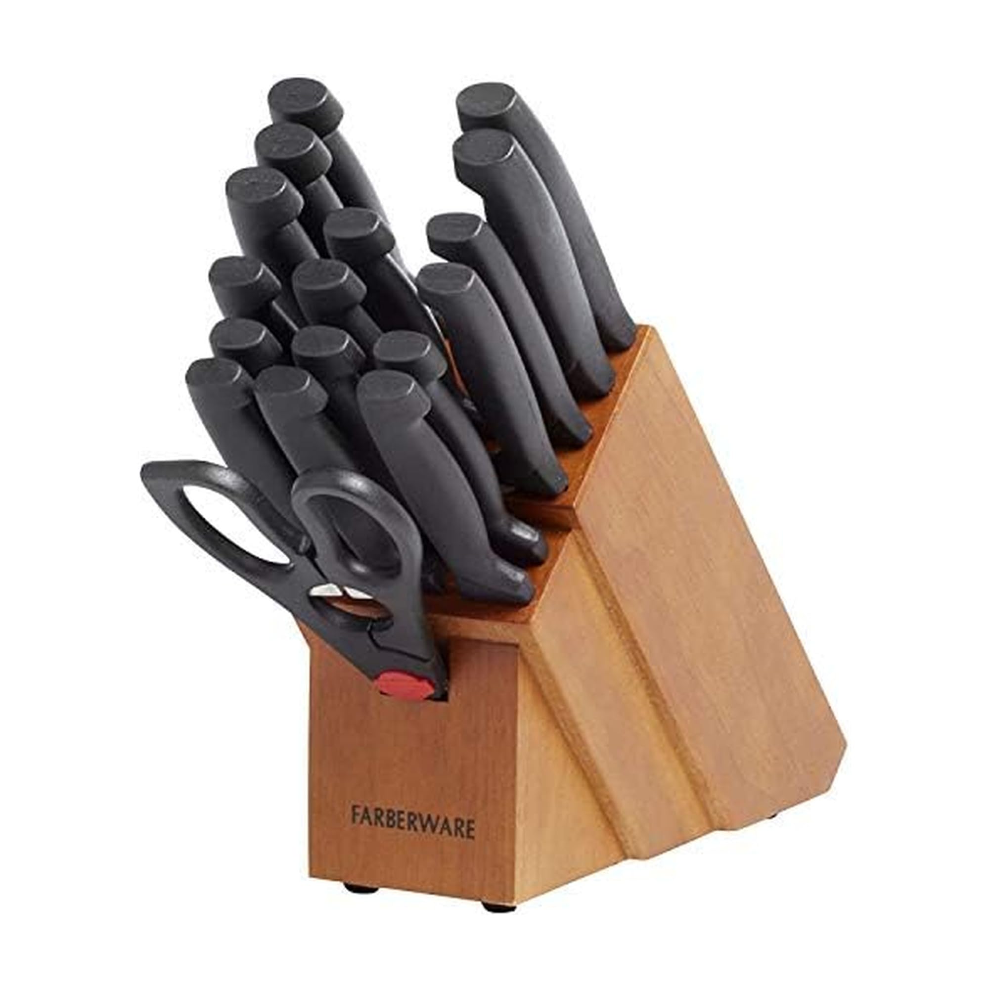 Farberware Never Needs Sharpening High-Carbon Stainless Steel Knife Block Set with Non-Slip Handles, 18 Piece, Black