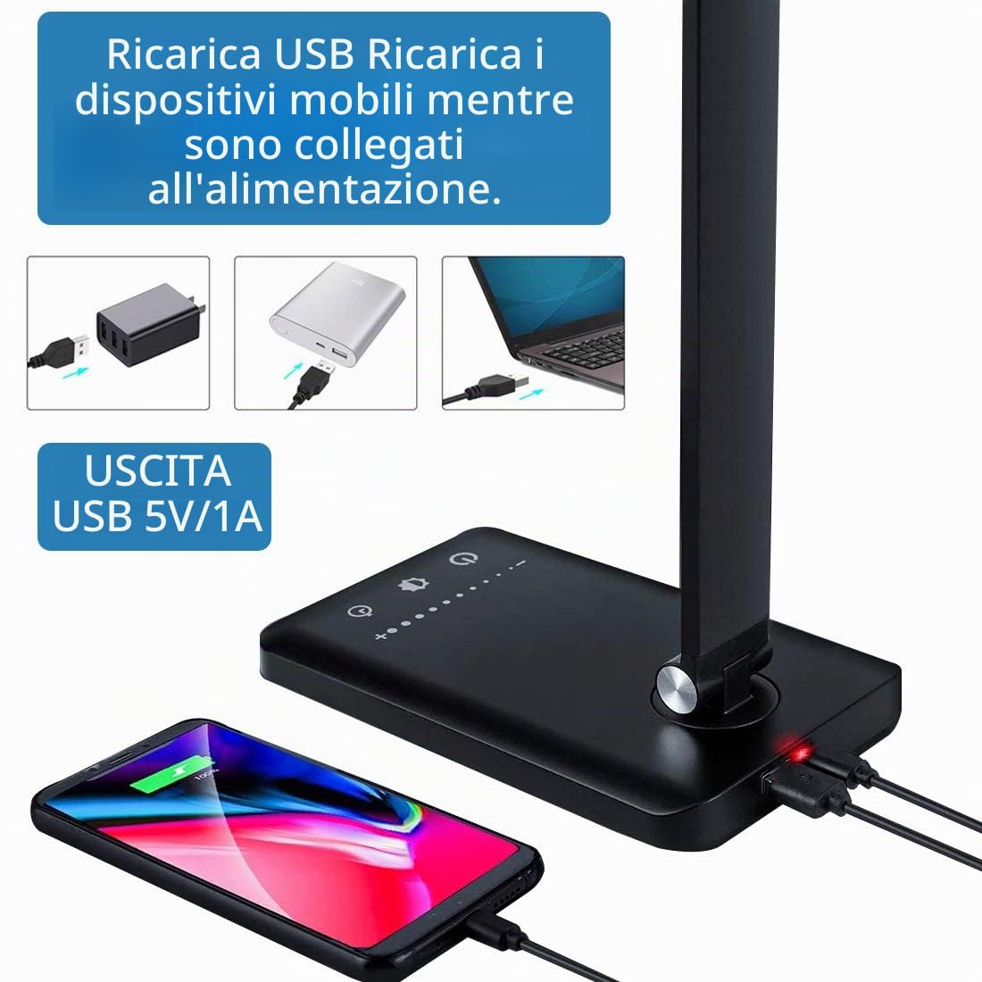 Lampada da Scrivania a LED, Lampada da Tavolo Dimmerabile con Porta USB, Luce Pieghevole Touch Control 5 Livelli di Luminosità 5 Modalità Memoria Sensibilità Tattile, per Lettura Lavoro Ufficio, Nera