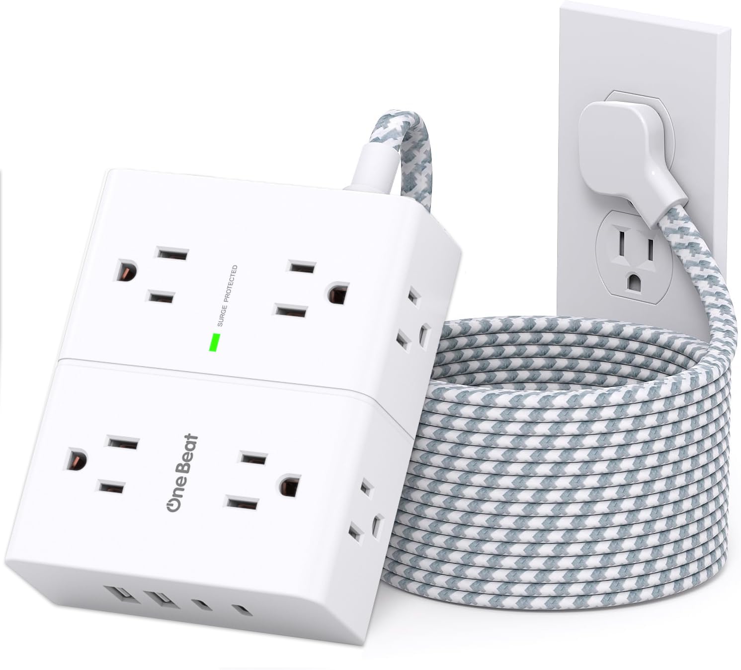 10 Ft Power Bars with Surge Protector, Extension Cord Indoor with 8 Outlets 4 USB Ports(2 USB C), Flat Plug Power Bar, 10 Ft Long Braided Power Cord for Home, Office, Dorm Room Essentials