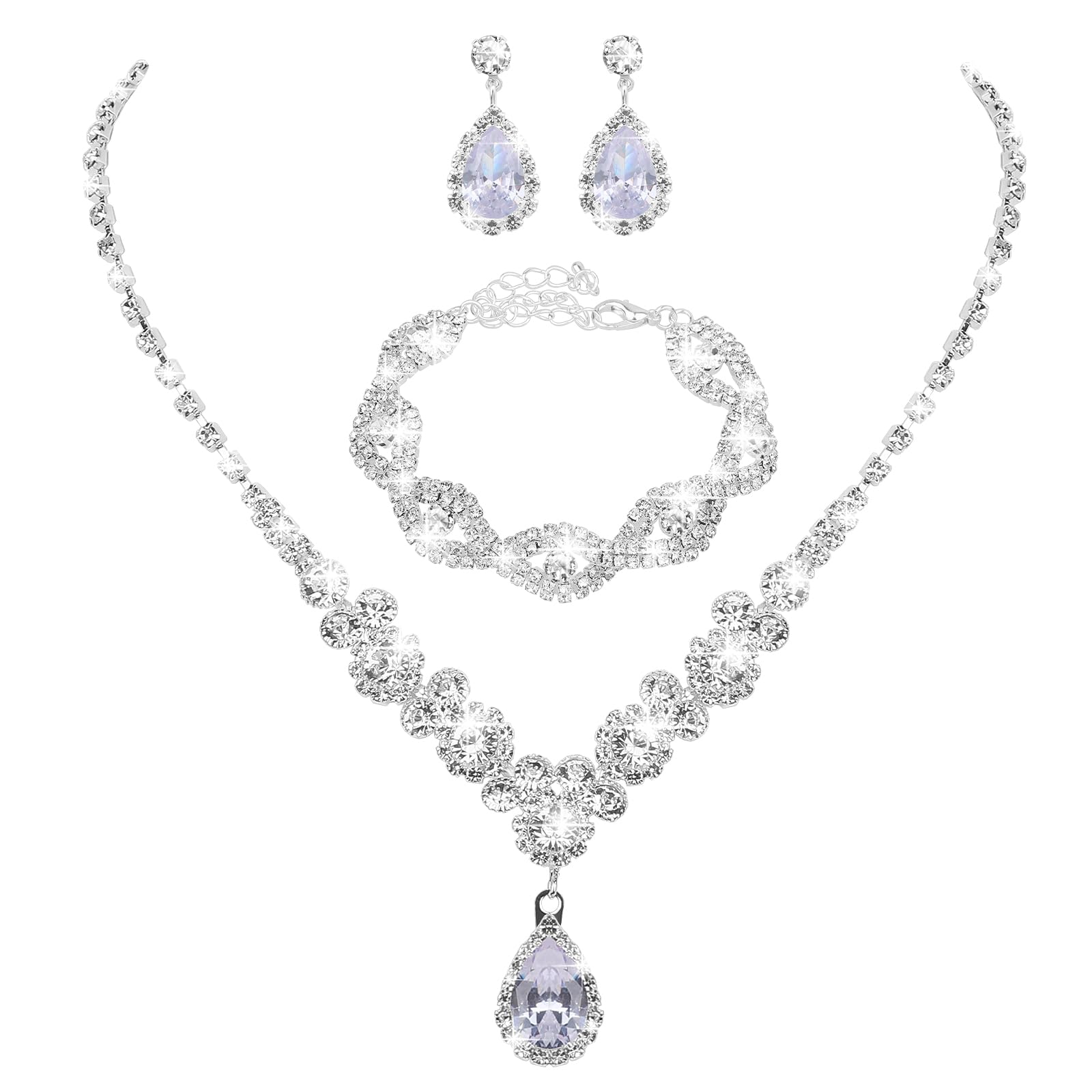 Lusofie Conjunto De Joyería Nupcial Boda 3 Piezas Conjuntos Joyería Mujer Pulsera Cristal Estrás Novia Fiesta Graduación Joyería Platabisutería para Novia Fiesta De Boda