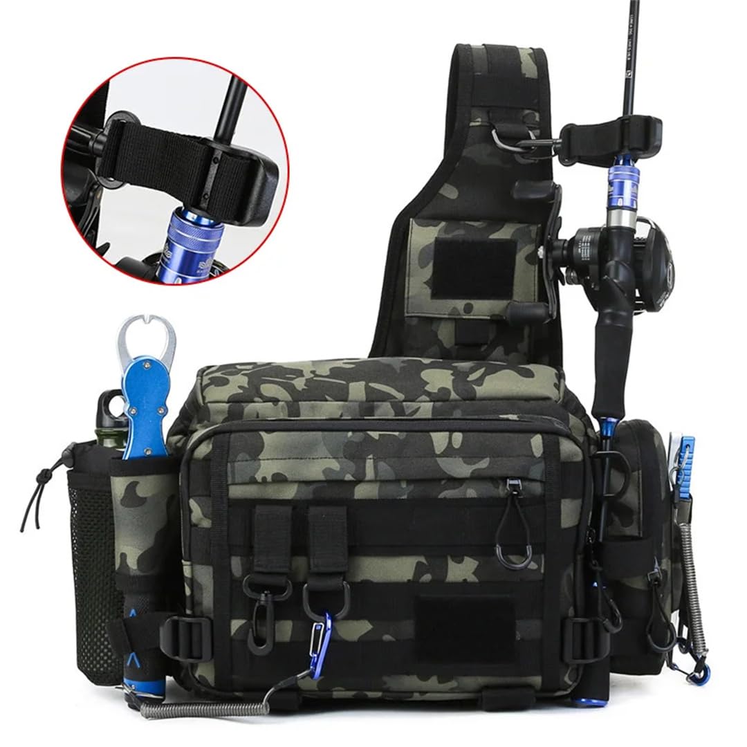 Suwequest Borsa da pesca con esche multifunzione Marsupio per canna da pesca Borsa a tracolla Borsa per attrezzi da pesca, Nero Camo Plus