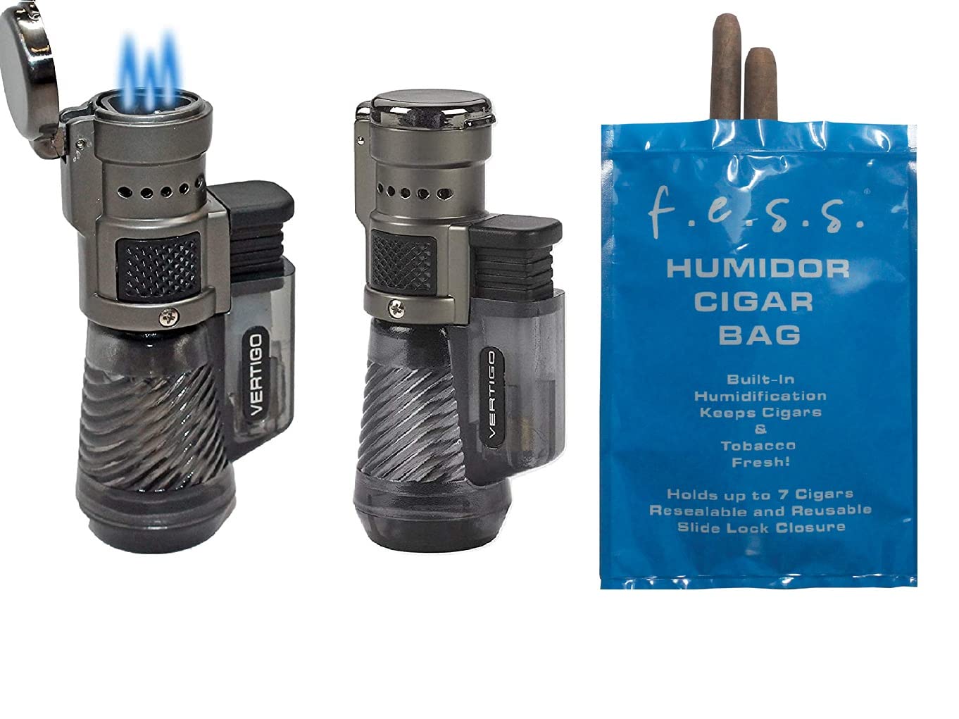 FESS ProductsVertigo by Lotus Cyclone Triple Torch Cigar Lighter Charcoal 2 Pack Plus Free FESS Cigar Humidor Bag