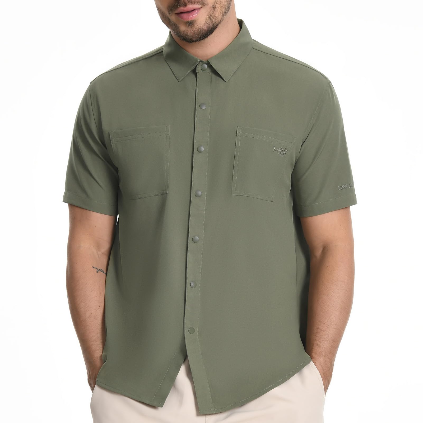 BASSDASH Camisa de manga corta UPF 50+ con botones a presión para hombre, ajuste regular, tejida, dos bolsillos, camisas de vestir casuales