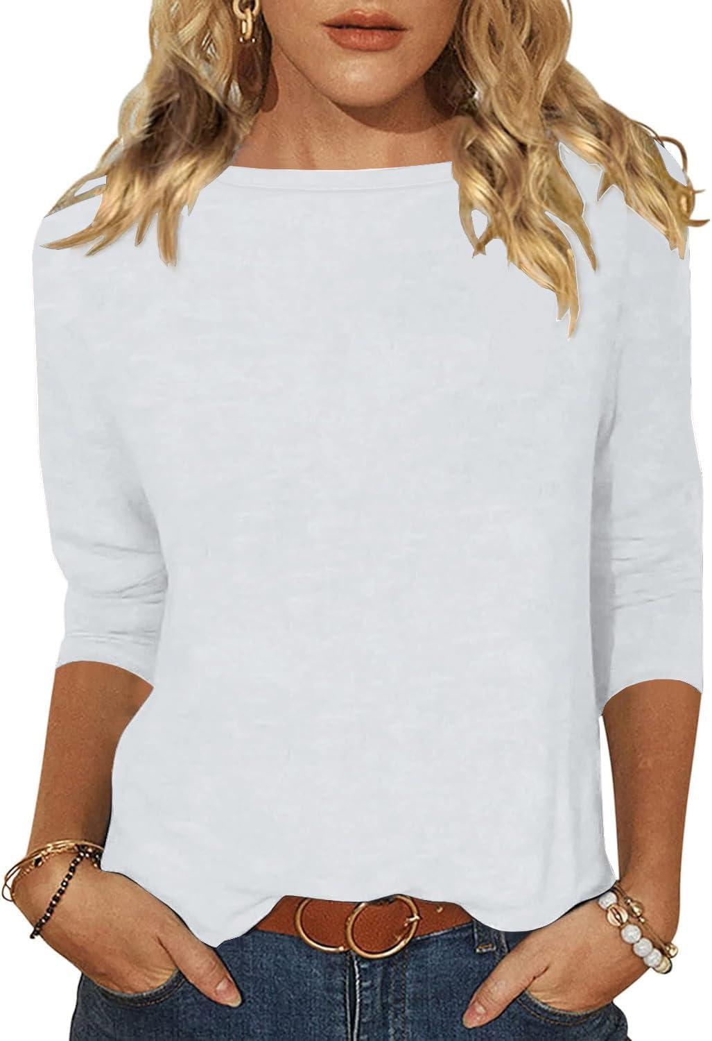 Minetom Tshirt Damen 3/4 Arm Shirt U-Boot Ausschnitt Leichte Pullover Tops Basic Oberteil Sommer Herbst