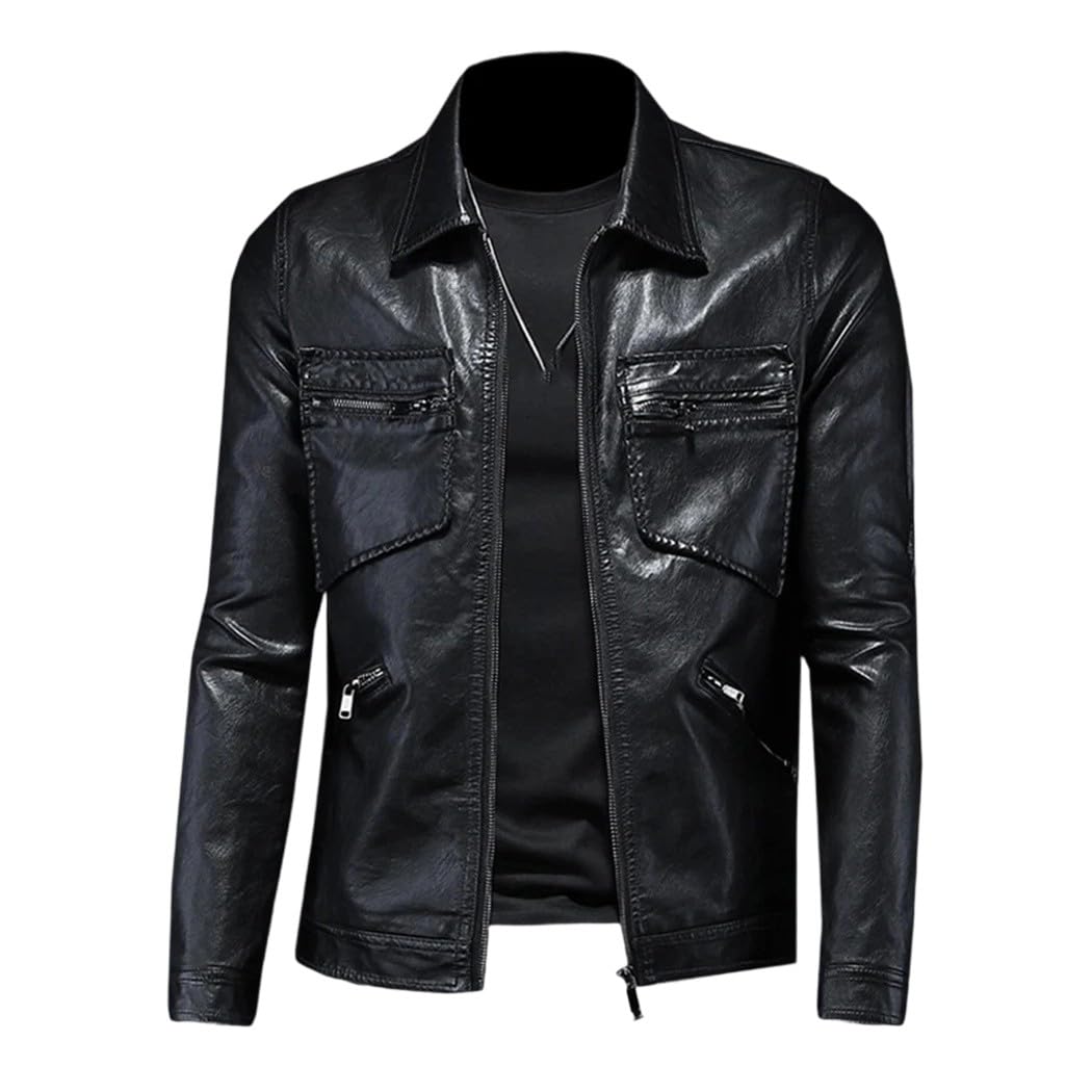 Męska zimowa kurtka ze skóry PU, slim fit, biznesowa, na co dzień, klapa, płaszcz motocyklowy