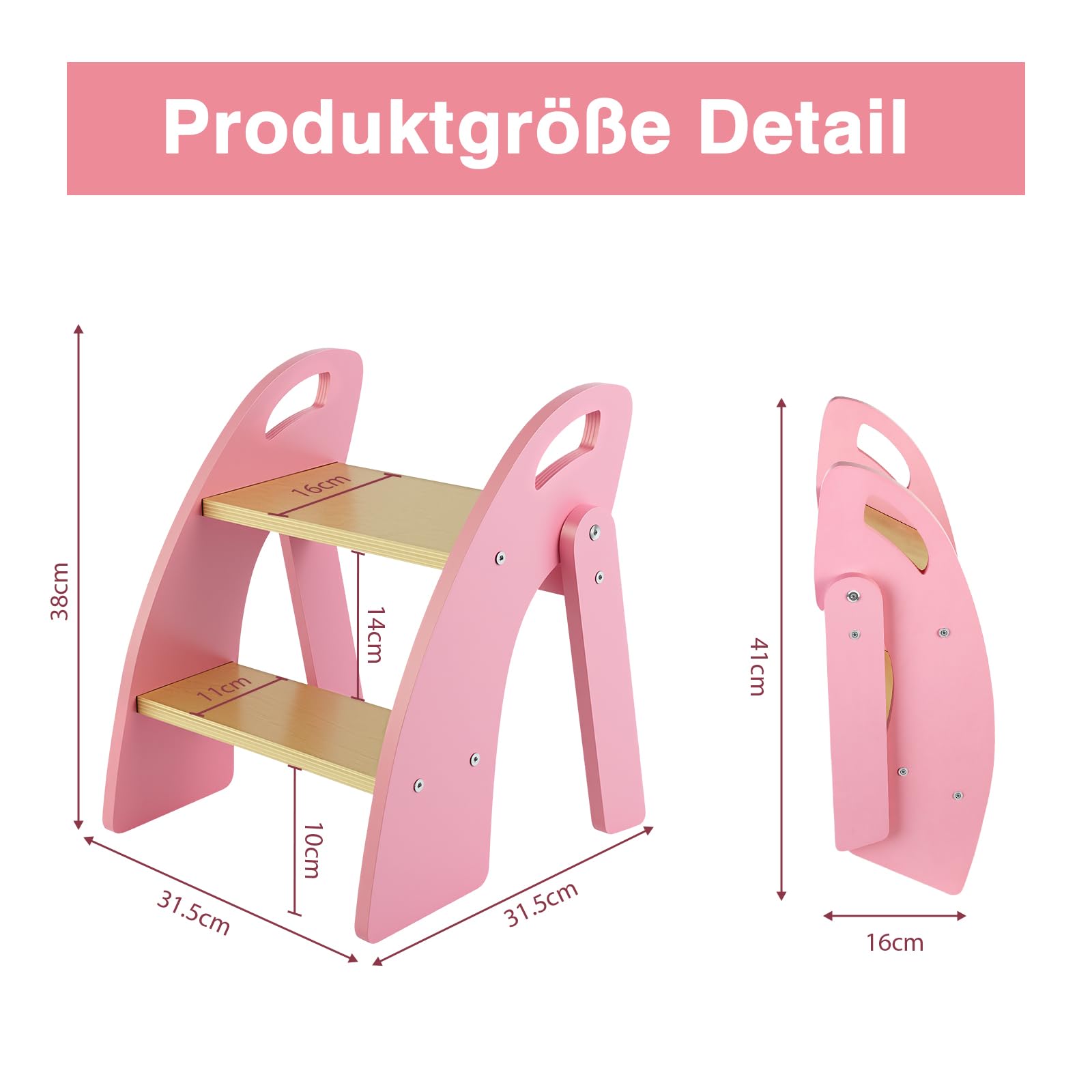 Sgabello per bambini a 2 gradini, pieghevole, in legno, con maniglia, portata fino a 135 kg, per bagno, lavandino, cucina, camera da letto, rosa