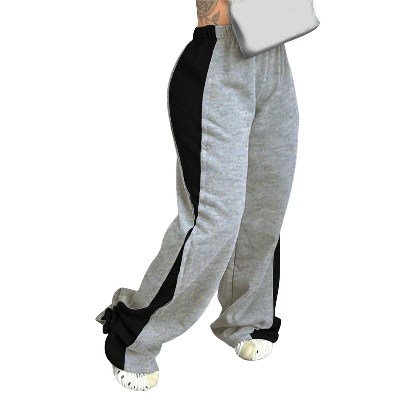 Womens Wide Leg Sweatpants Lounge High Waisted Elastic Pants Patchwork Stacked Paint Trousers