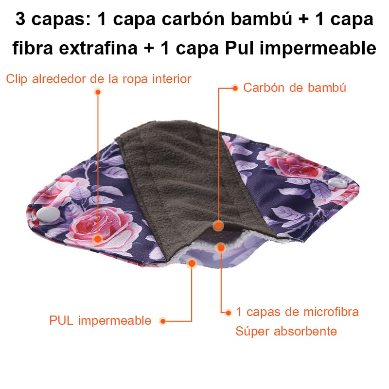 BOMAIS Paquete de 6 almohadillas menstruales de tela impermeable reutilizable de carbón de bambú — view 3
