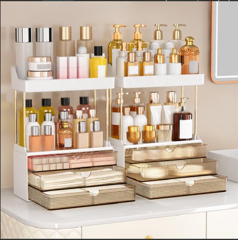 Image of caktraie 2 Pack Bathroom Organizers and Storage - 3 Drawers 2 Tier Makeup Organizer, Cosmetic Storage Drawer for Dresser Countertop and Bathroom Vanity for Large Skincare, Perfume, Amber