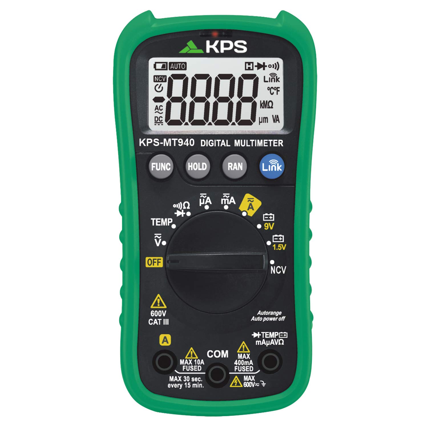 KPS-MT940 Multímetro Digital TRMS con Bluetooth y NCV Tensión AC/DC 600V Corriente AC/DC 10A Resistencia Temperatura CAT.III 600V