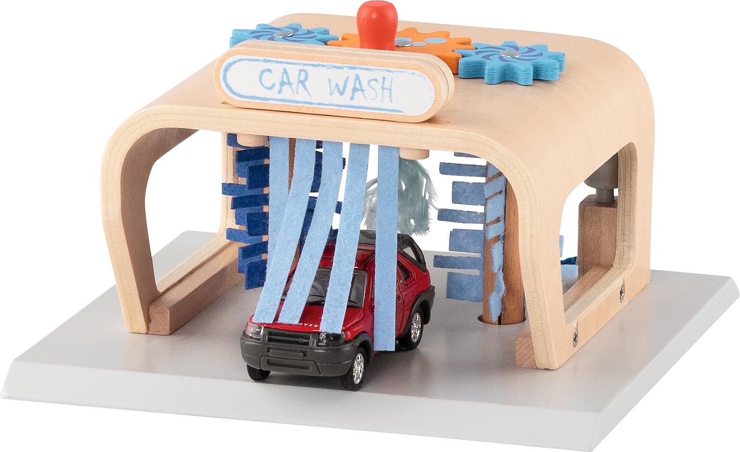 goki 53779 Waschanlage PowerClean, Autowaschanlage aus Holz – Spielset mit Bürsten, Filzvorhängen & Sprühdüse, ca. 16 × 16 × 10 cm